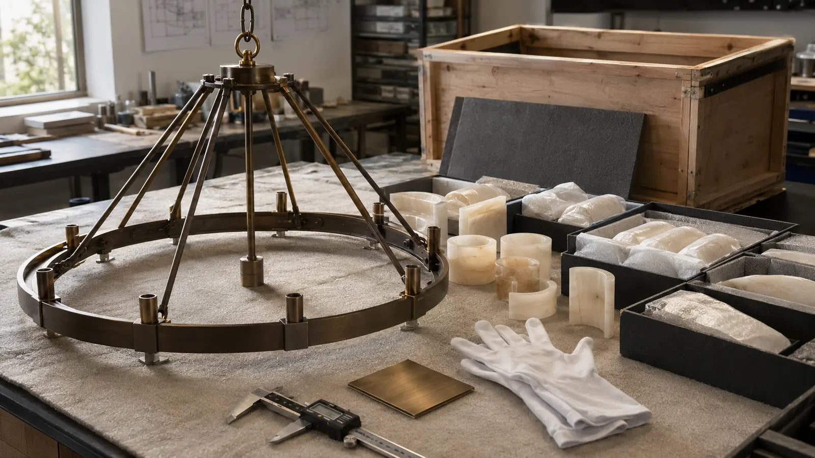 Organized lighting workshop with frame components, material samples, and packing preparation