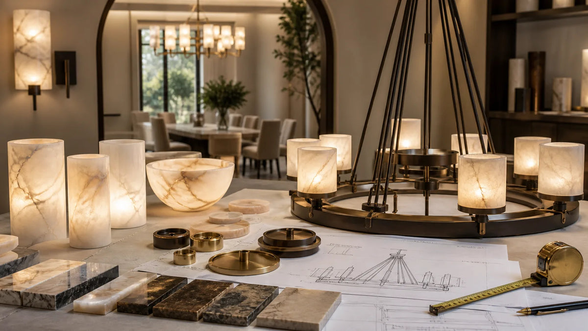 Custom alabaster chandelier design table with glowing stone samples, brass hardware, finish samples, drawings, and measuring tools