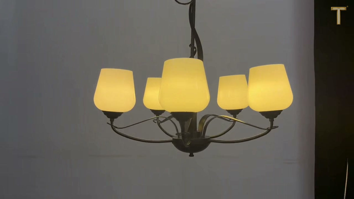 Curved-arm chandelier with illuminated shades in original Tianguang workshop footage, TG-V069