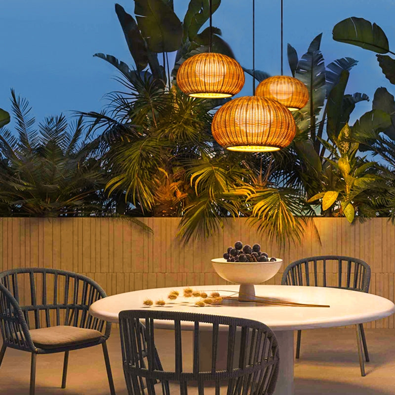 Lantern Shaped Waterproof Rattan Outdoor Chandelier