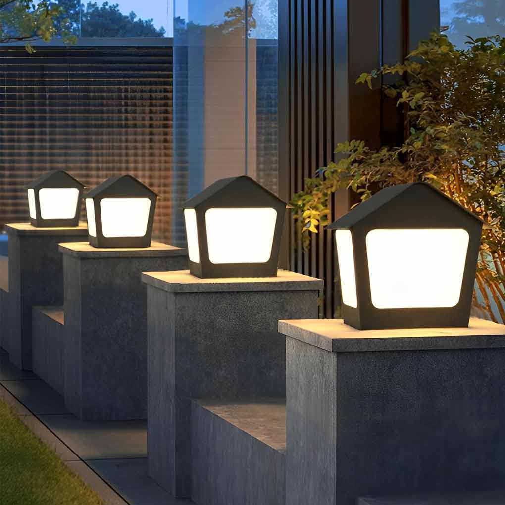Cottage Shaped LED Waterproof Black Contemporary Solar Fence Post Lights, lighting fixture, main view, Tianguang Select