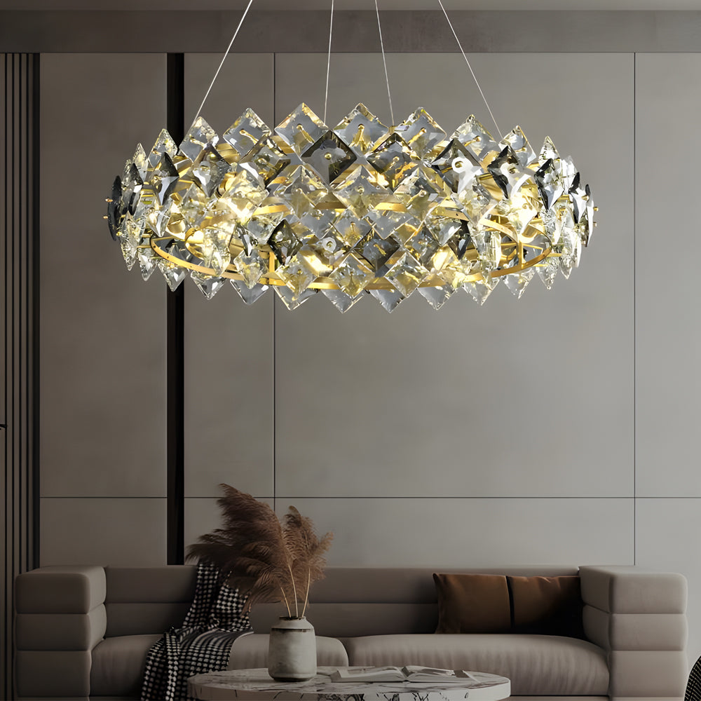 Round Long Crystal Copper Post-Modern Chandelier Dining