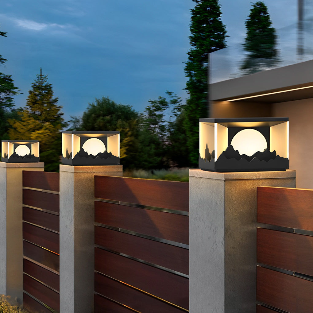 Mountain Scenery Design Waterproof LED Contemporary Solar Fence Post, lighting fixture, main view, Tianguang Select