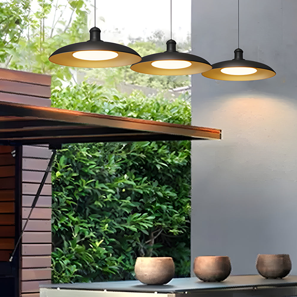 Round Black Hanging Outdoor Pendant Light Metal