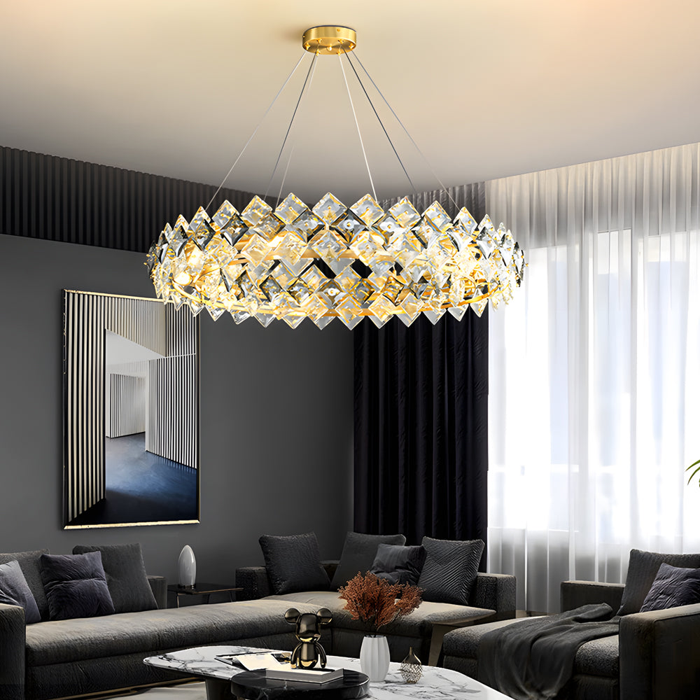 Round Long Crystal Copper Post-Modern Chandelier Dining