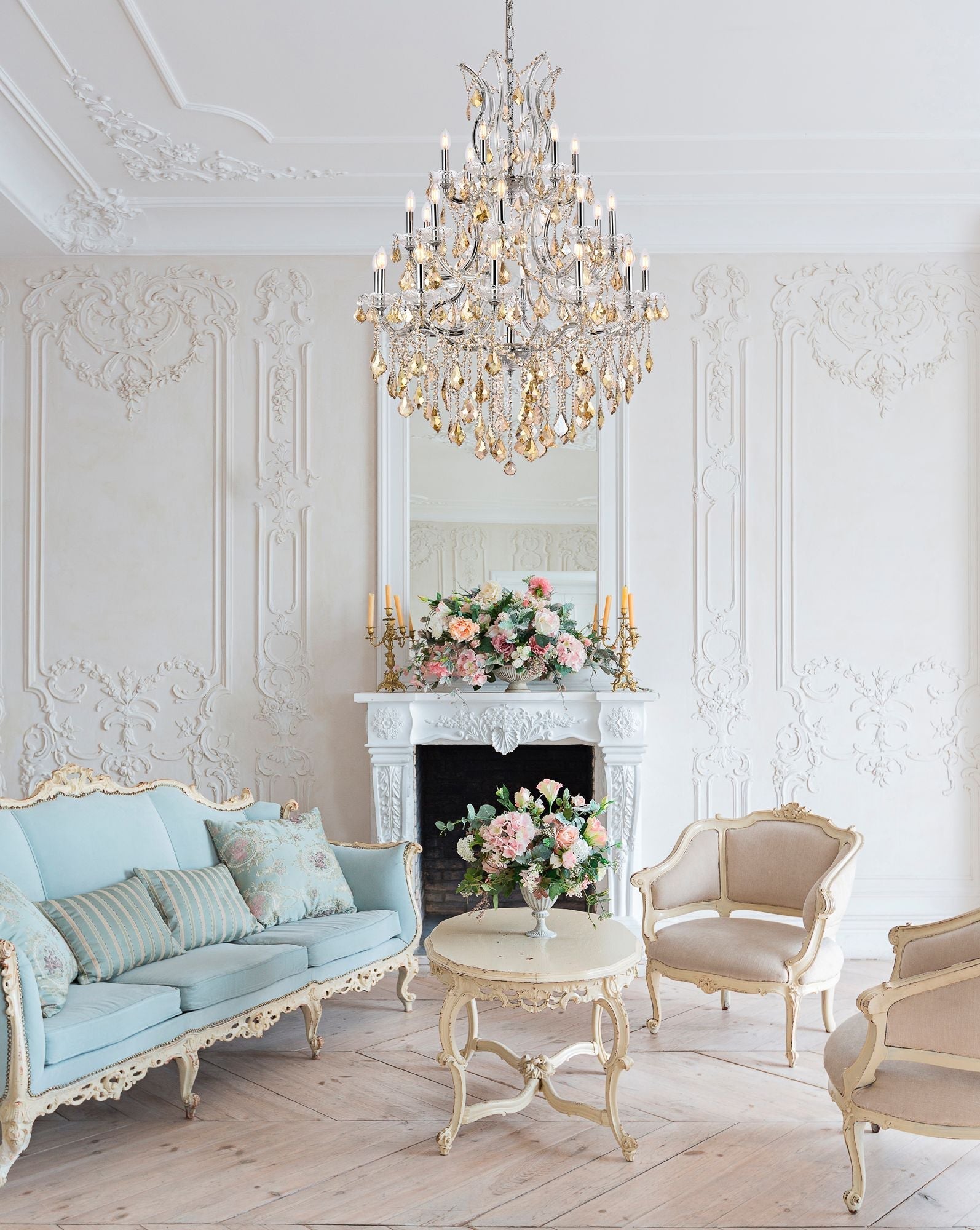 Maria Theresa 28-Light Chrome Chandelier Golden Teak