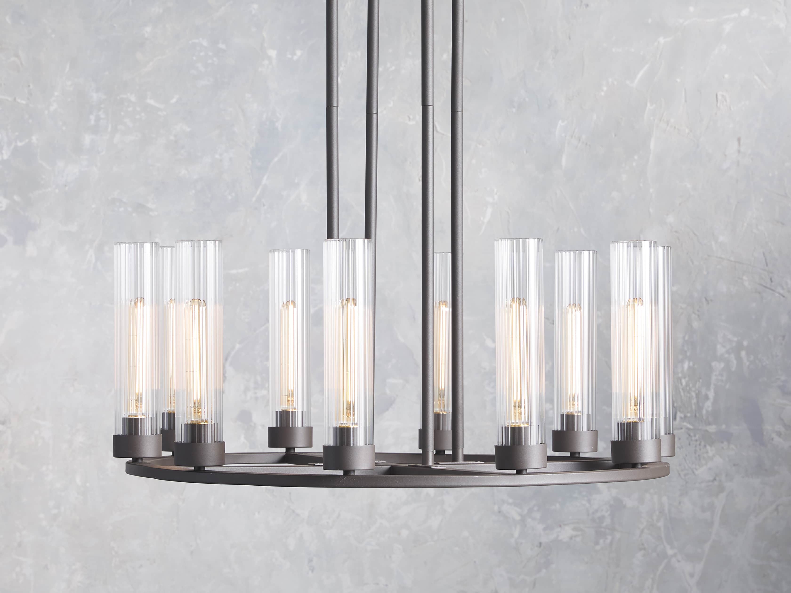 Side view of glass chandelier for scale and shape reference