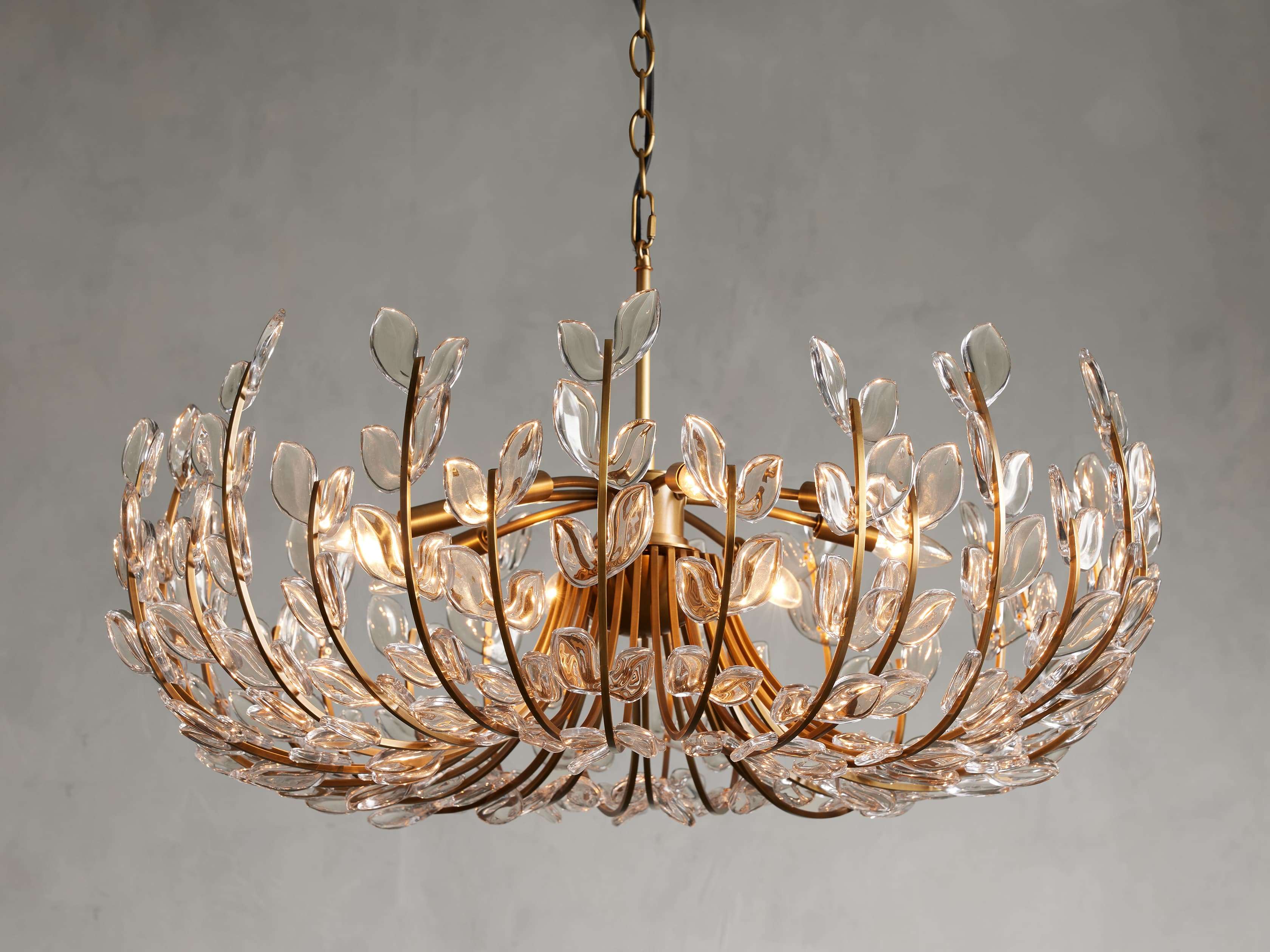 Side view of glass chandelier for scale and shape reference