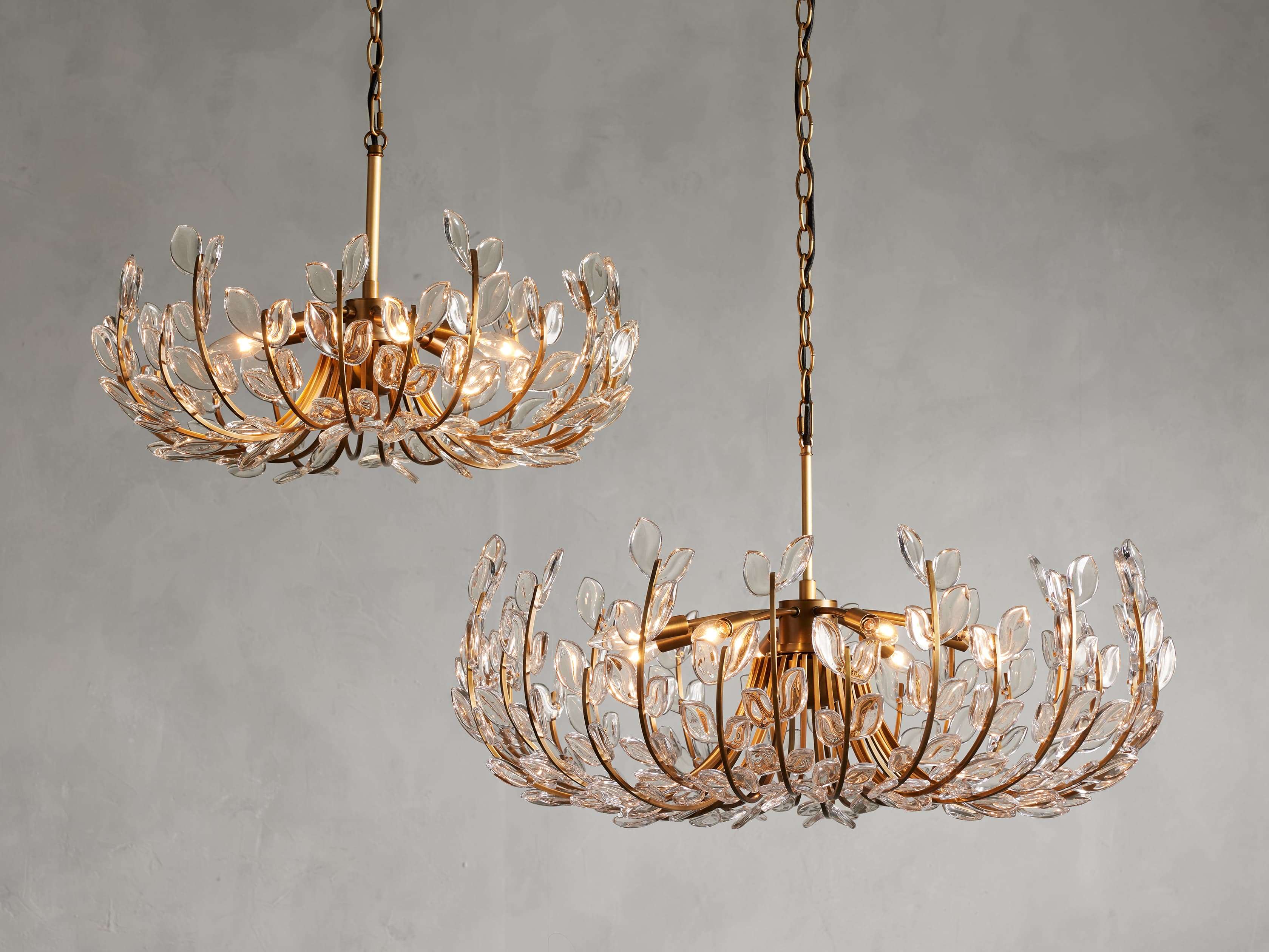 Side view of glass chandelier for scale and shape reference
