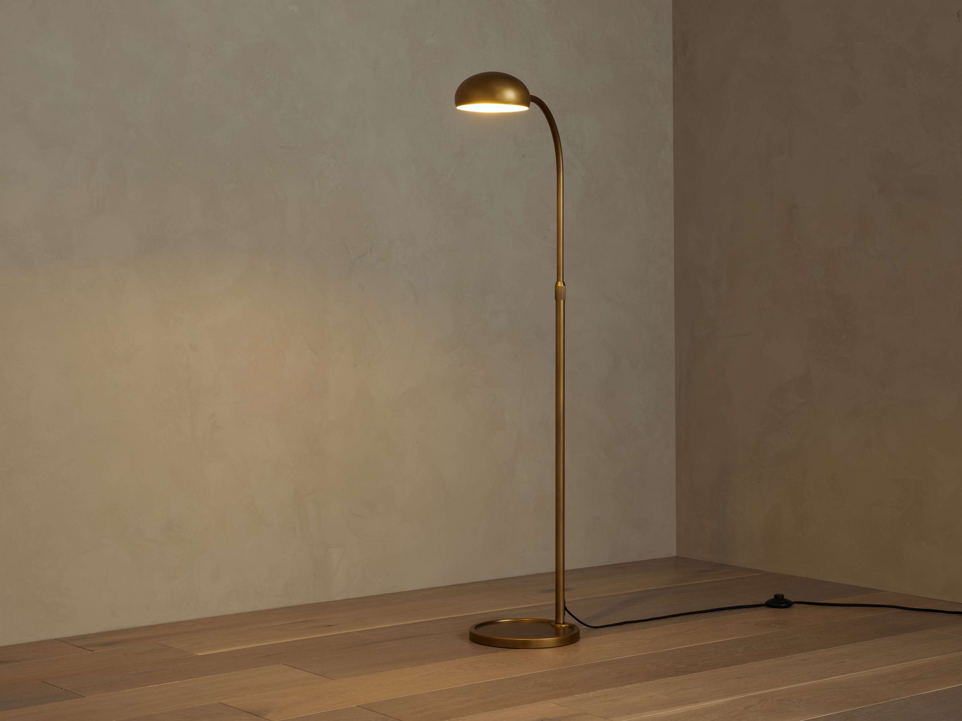 Side view of brass floor lamp for scale and shape reference