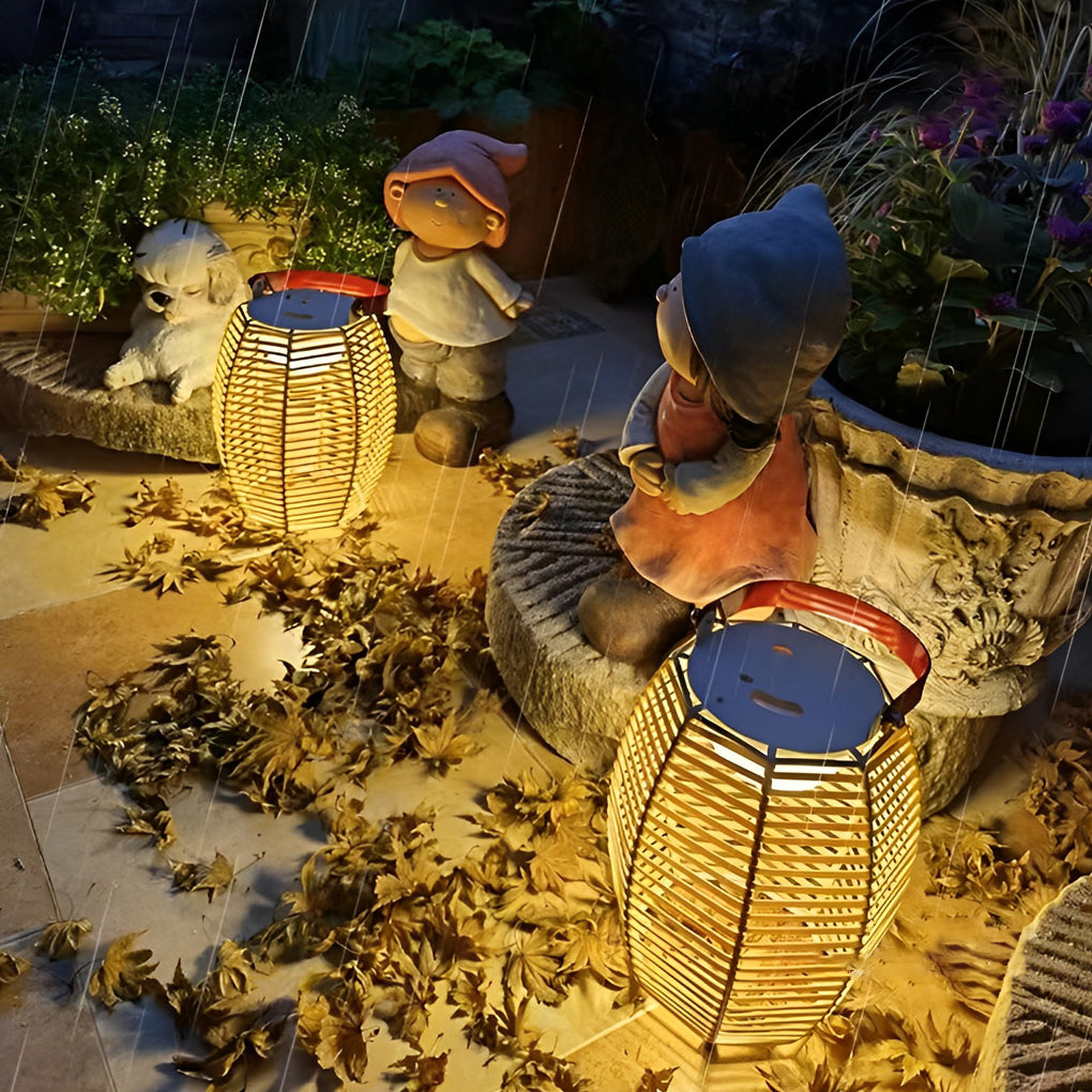 Portable Rattan Lantern Waterproof LED Solar Floor Lamp