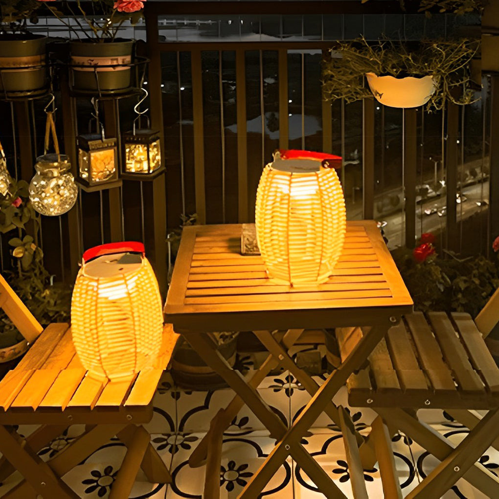 Portable Rattan Lantern Waterproof LED Solar Floor Lamp