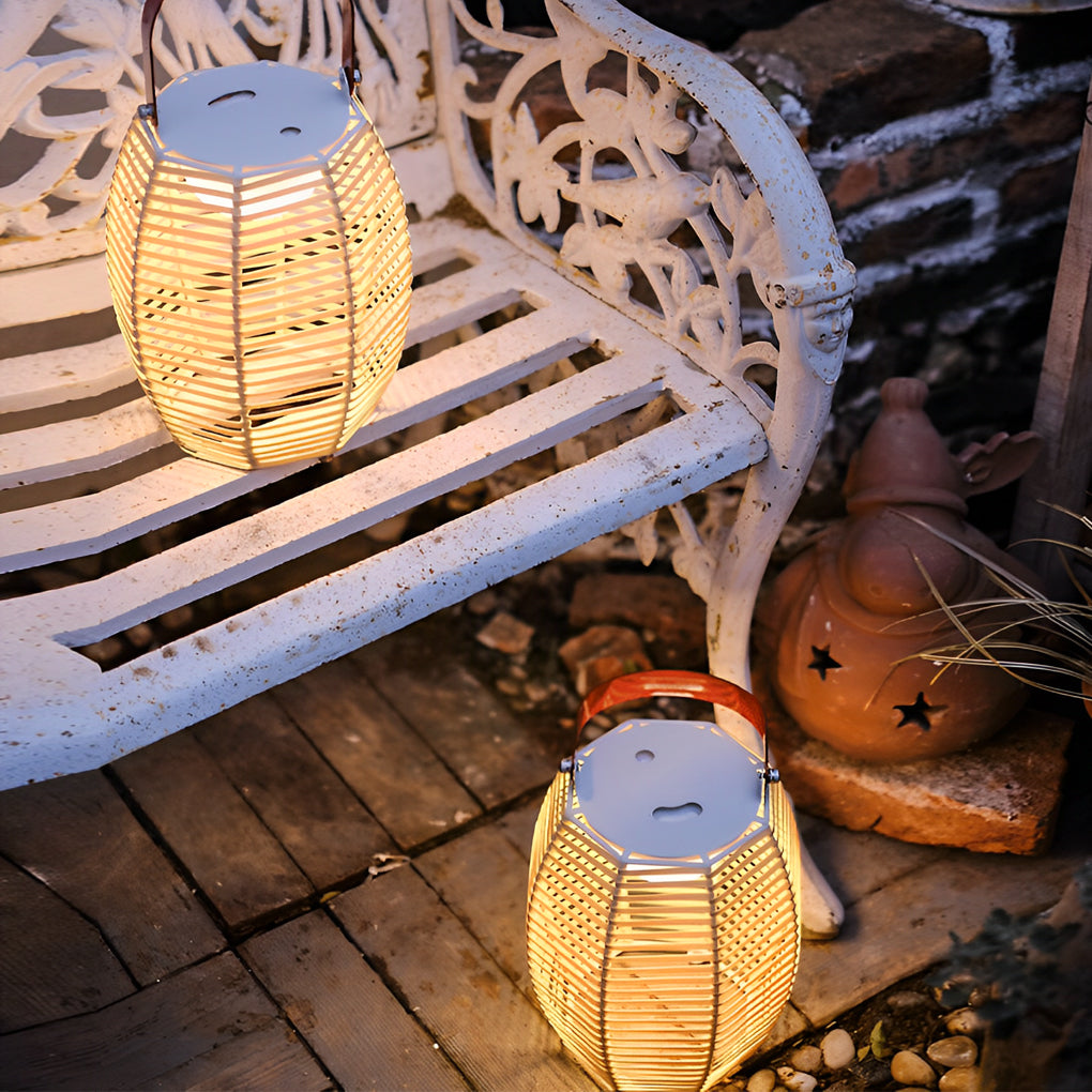 Portable Rattan Lantern Waterproof LED Solar Floor Lamp