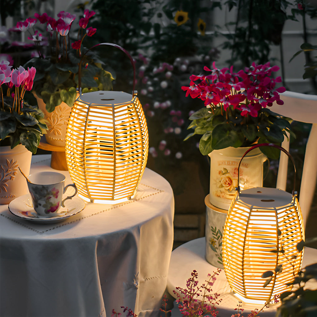 Portable Rattan Lantern Waterproof LED Solar Floor Lamp