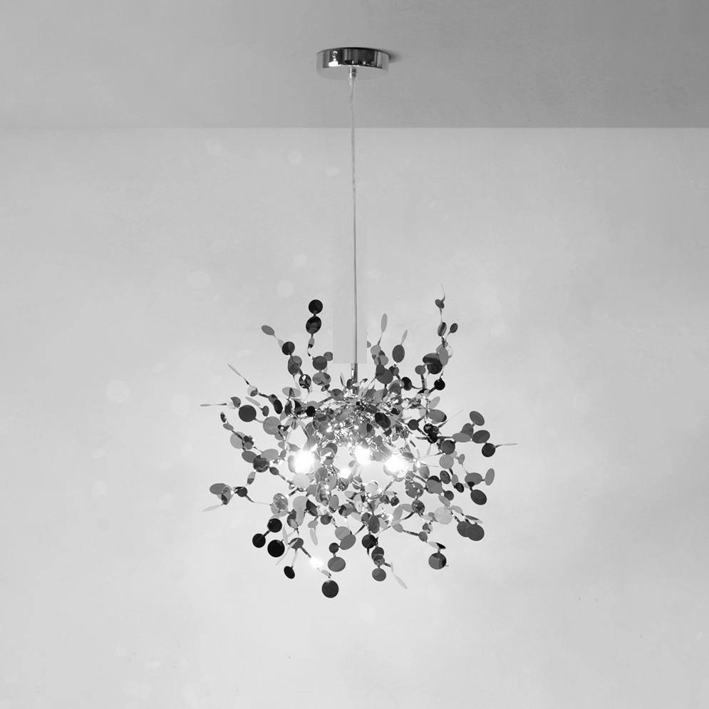 Side view of nickel chandelier for scale and shape reference