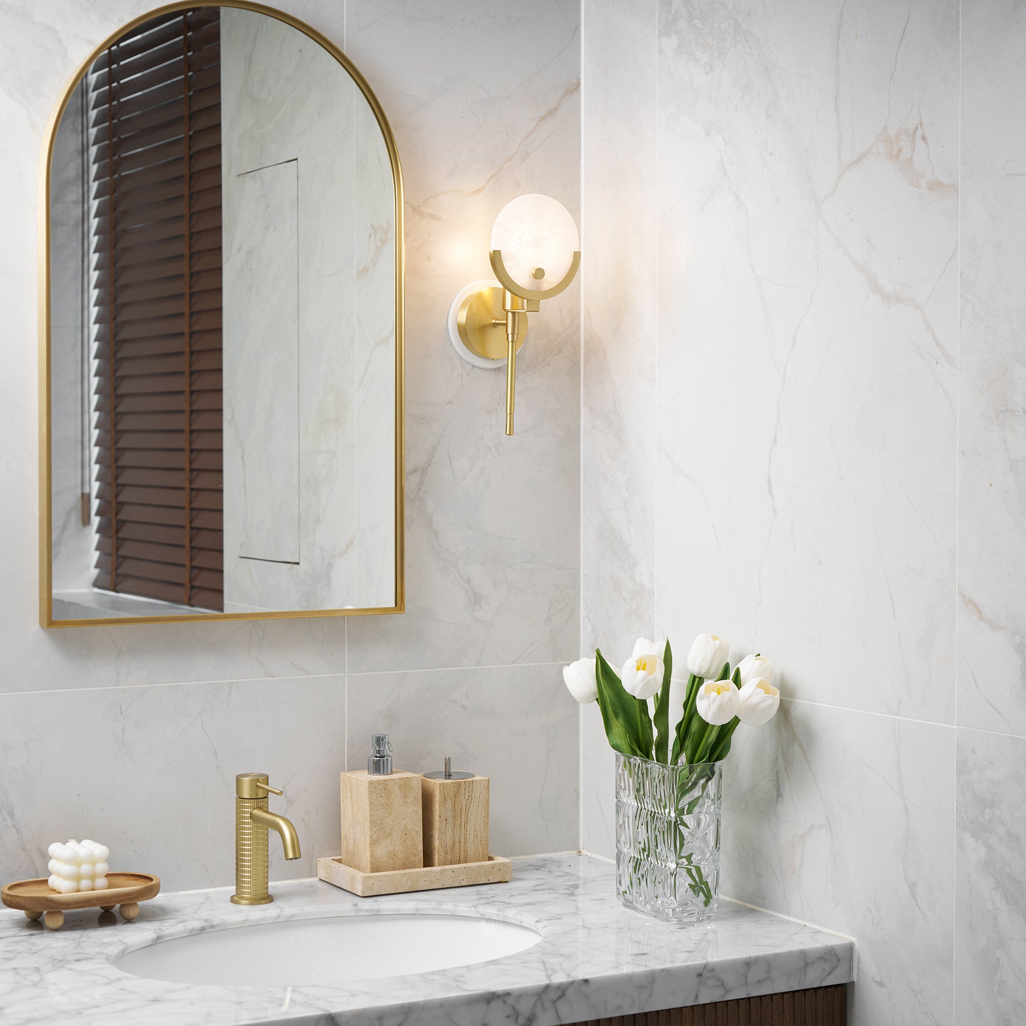 Ava Brass Alabaster Wall Light, Hardwired Wall Sconce, detail 28