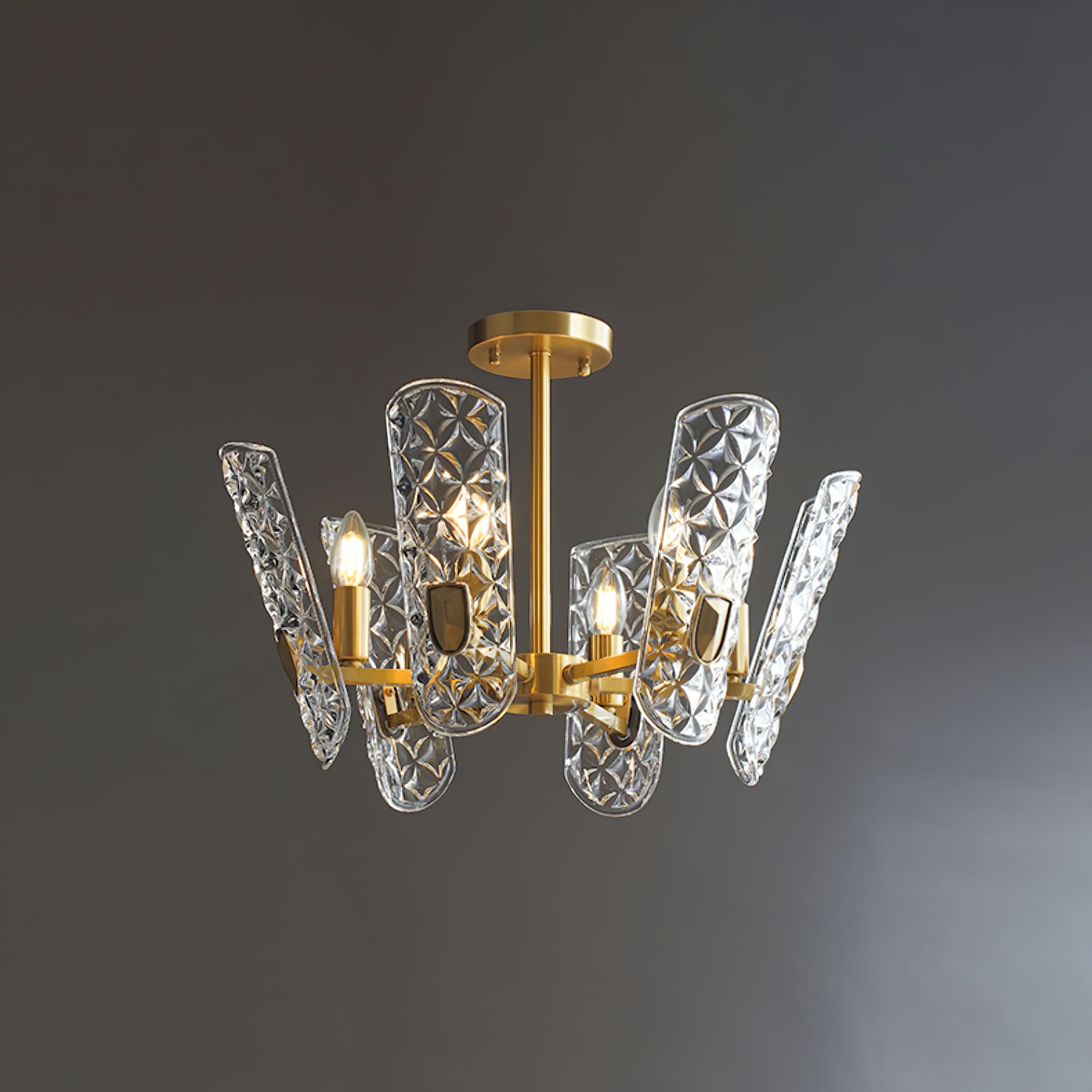 Side view of glass chandelier for scale and shape reference