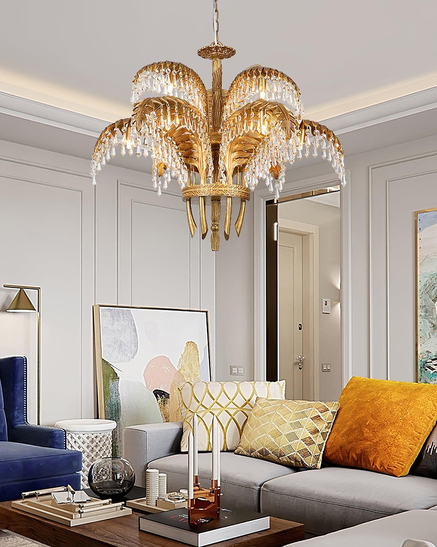 Brass Palm Leaf Crystal Chandelier 27.6