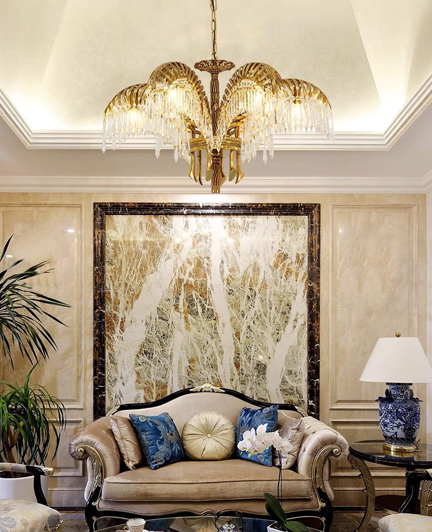 Brass Palm Leaf Crystal Chandelier 27.6