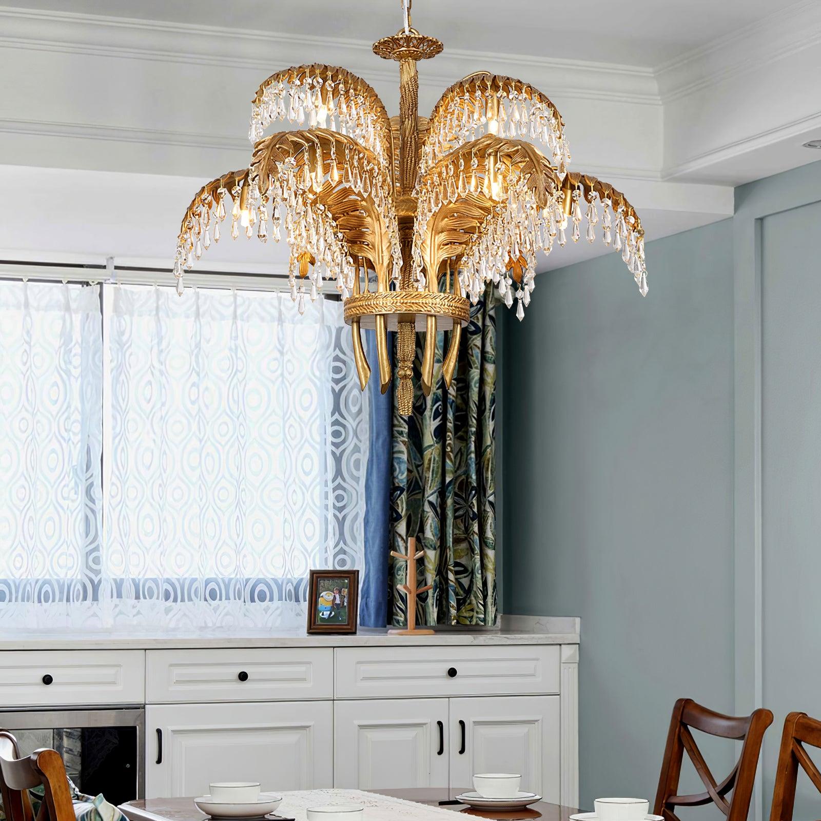 Brass Palm Leaf Crystal Chandelier 27.6