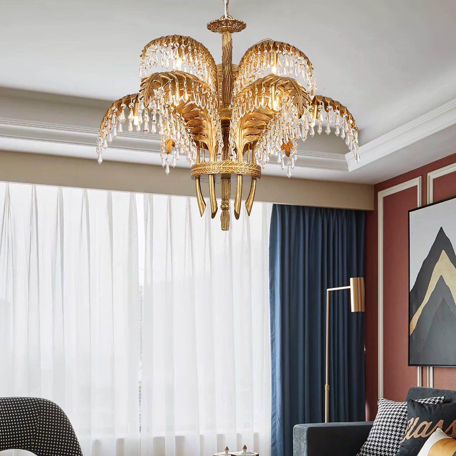 Brass Palm Leaf Crystal Chandelier 27.6
