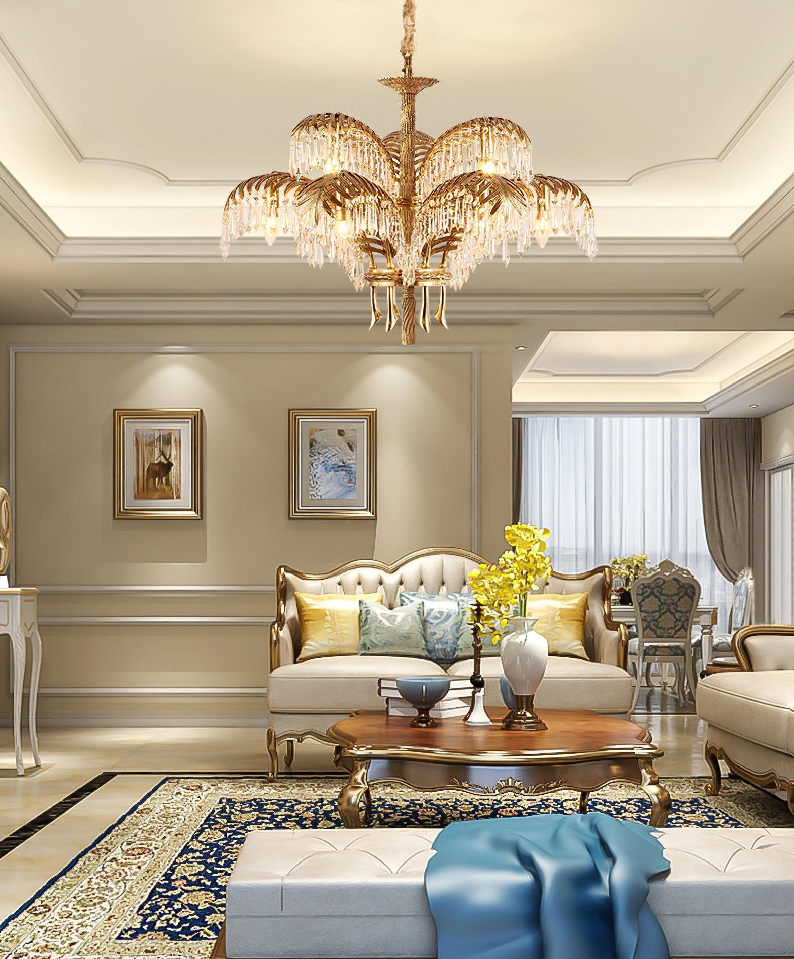 Brass Palm Leaf Crystal Chandelier 27.6