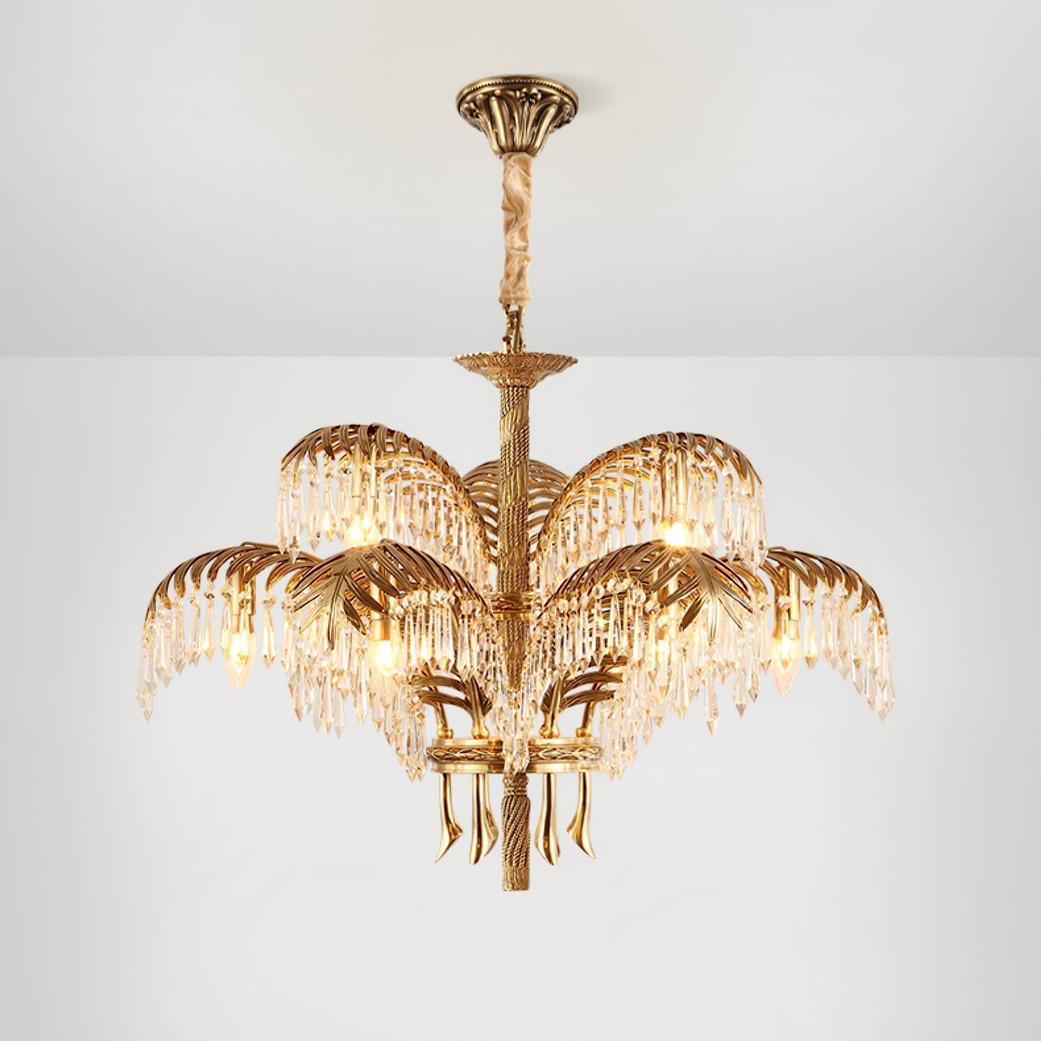 Brass Palm Leaf Crystal Chandelier detail view 23