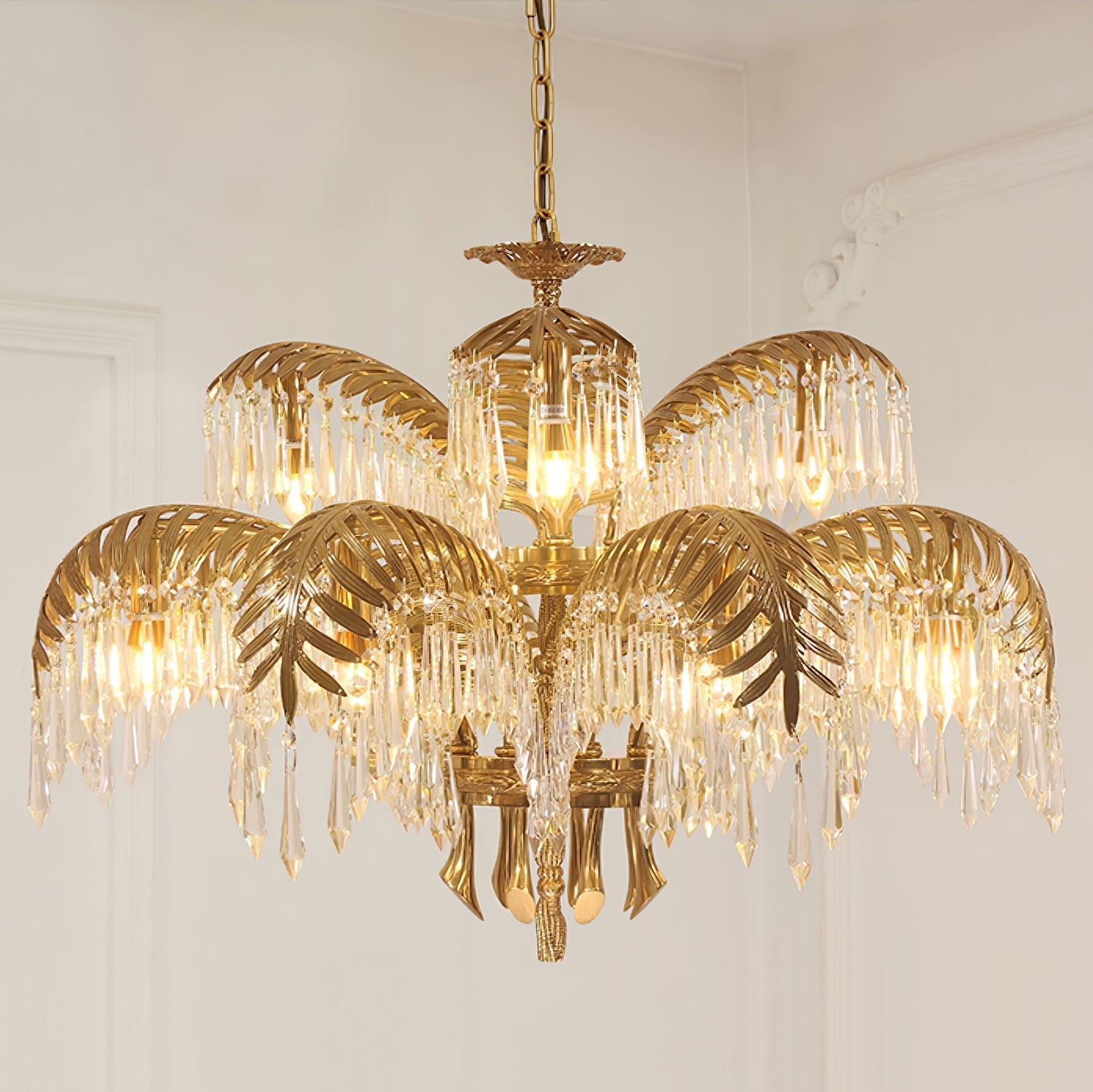 Brass Palm Leaf Crystal Chandelier detail view 15