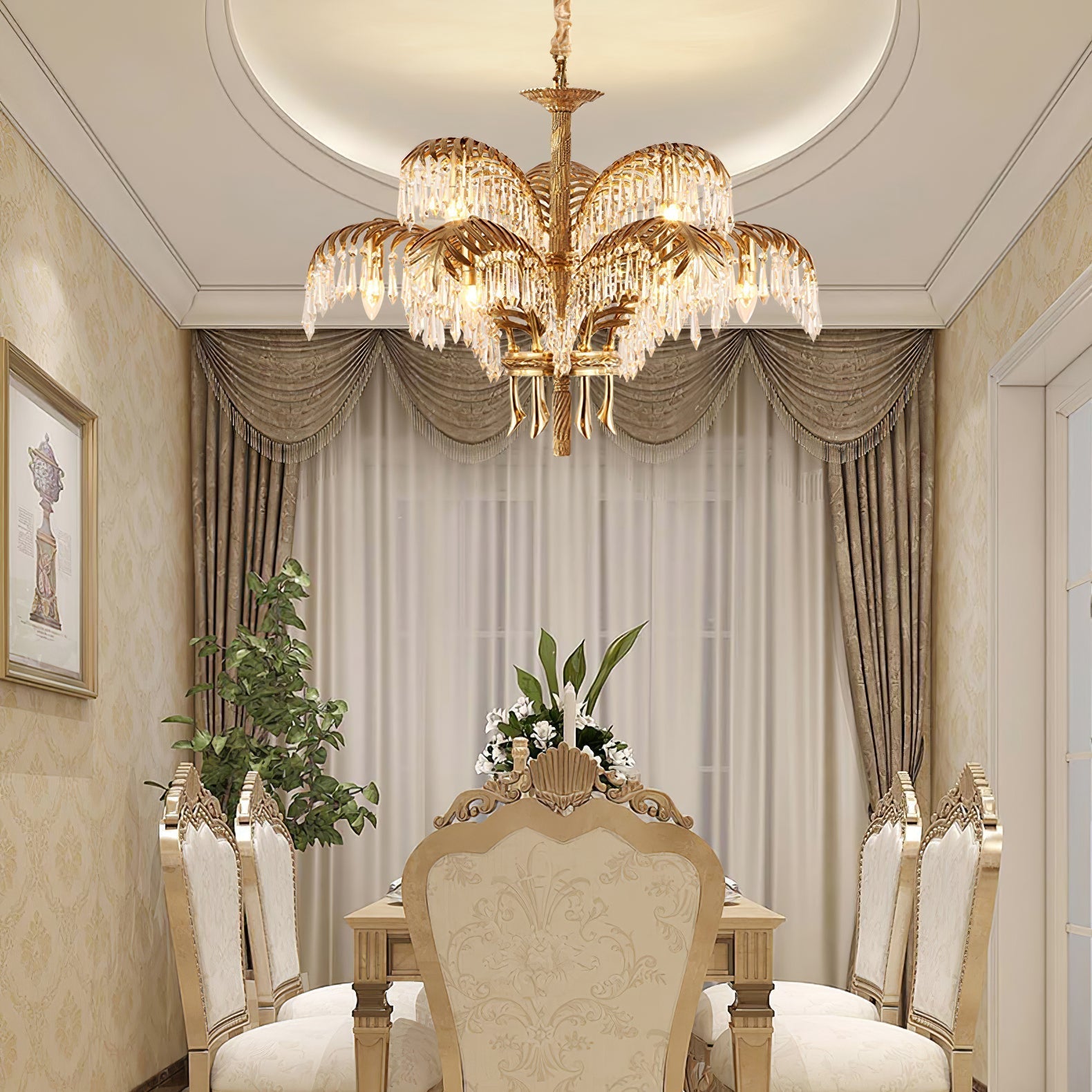Brass Palm Leaf Crystal Chandelier detail view 2