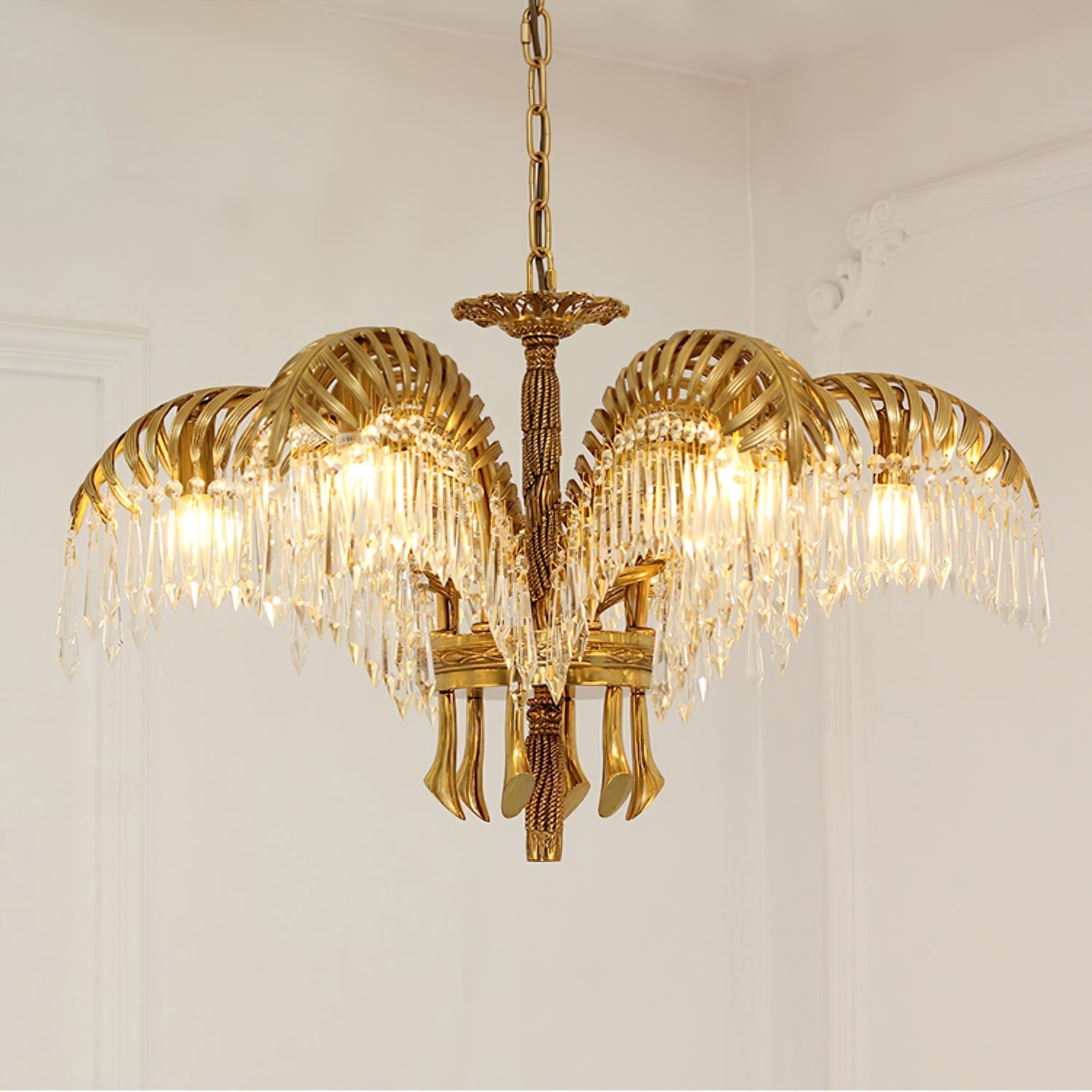 Brass Palm Leaf Crystal Chandelier detail view 50