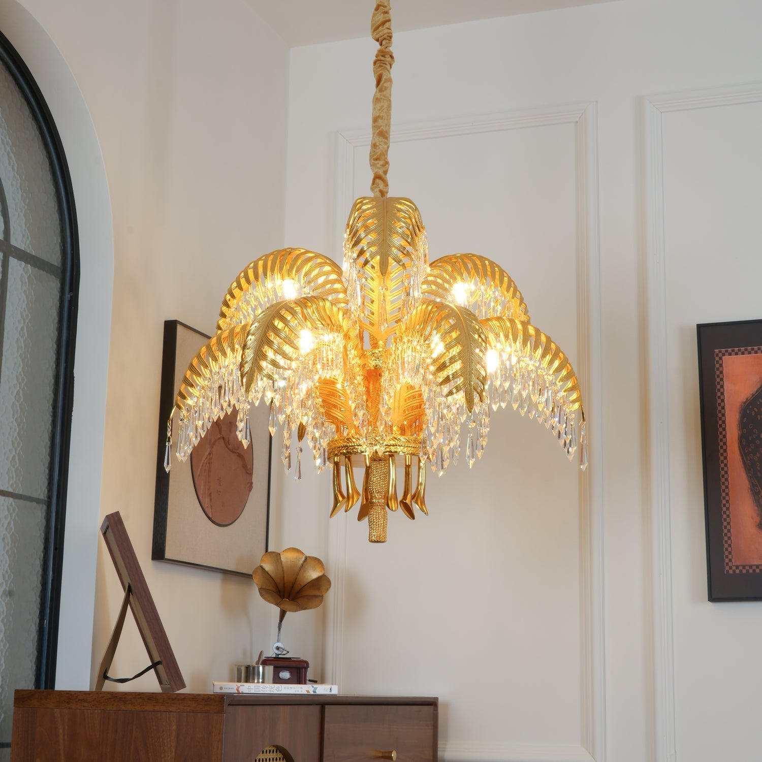 Brass Palm Leaf Crystal Chandelier detail view 69