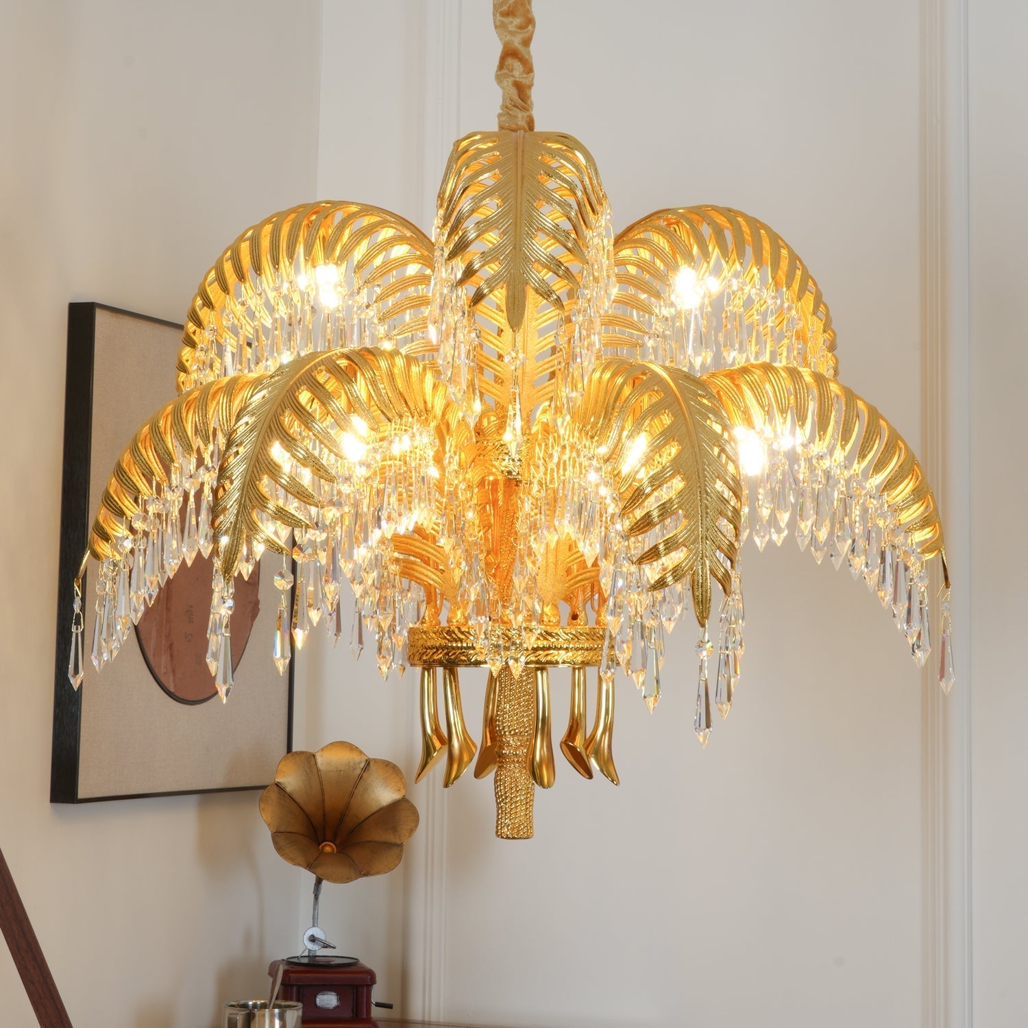 Brass Palm Leaf Crystal Chandelier detail view 71