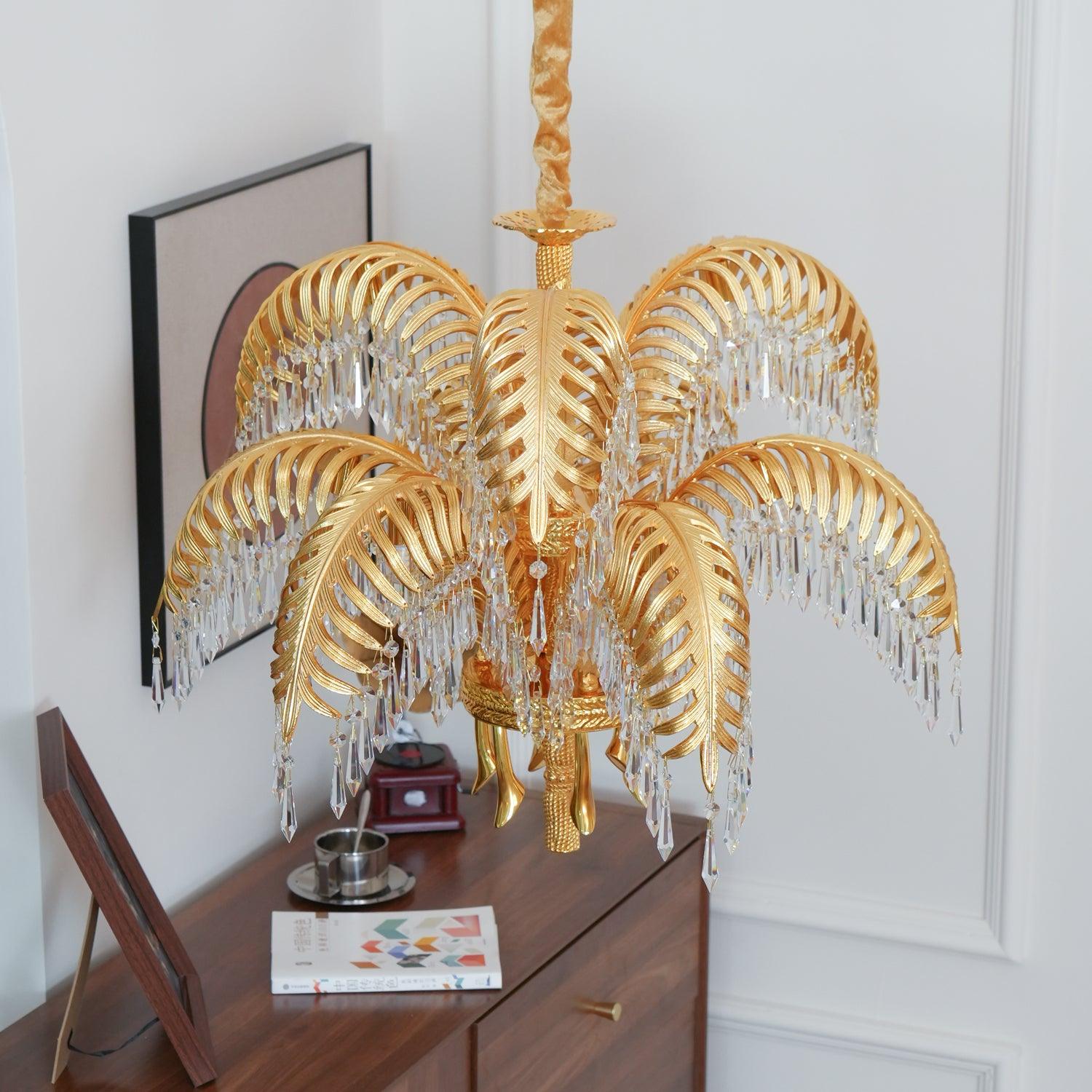Brass Palm Leaf Crystal Chandelier 27.6