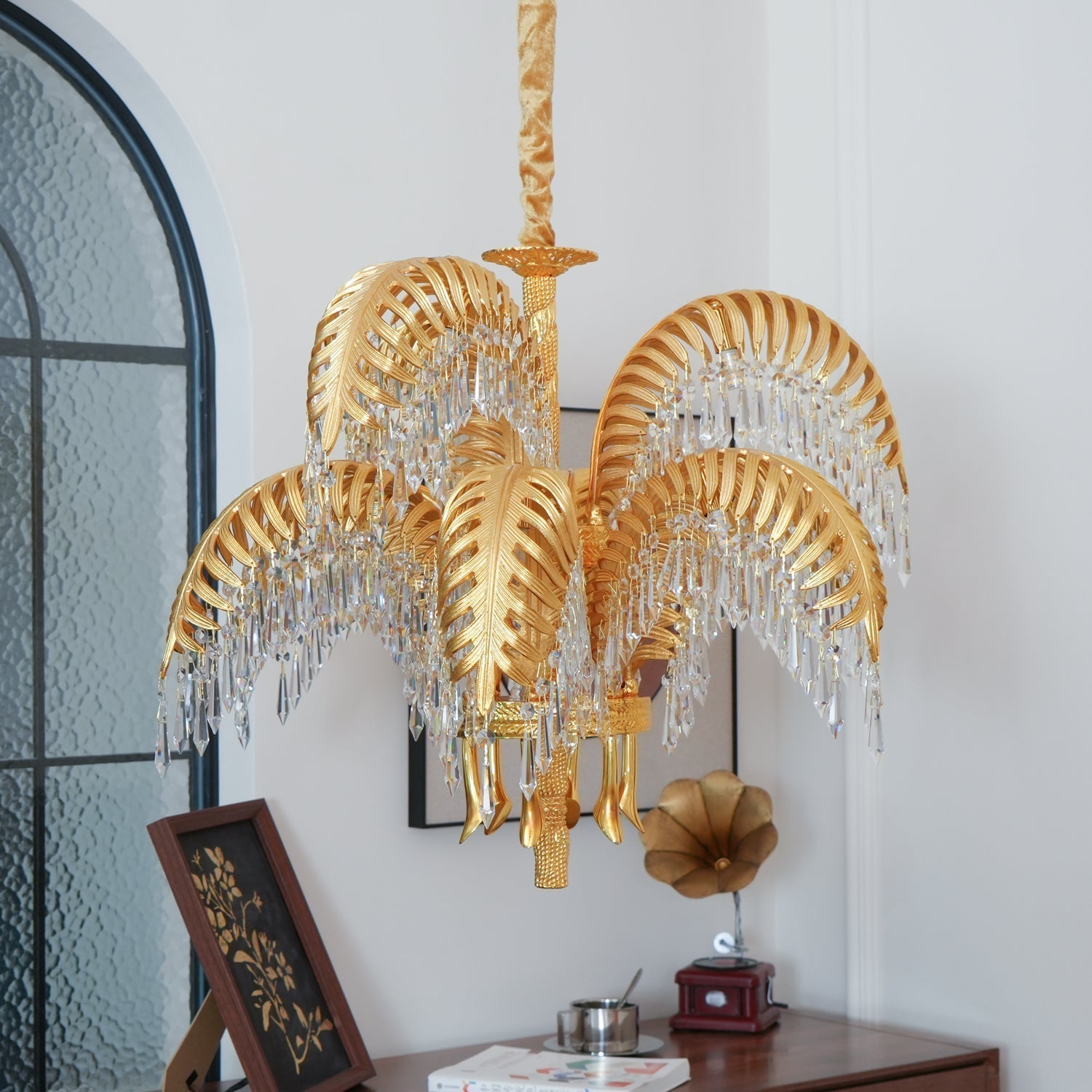 Brass Palm Leaf Crystal Chandelier detail view 75