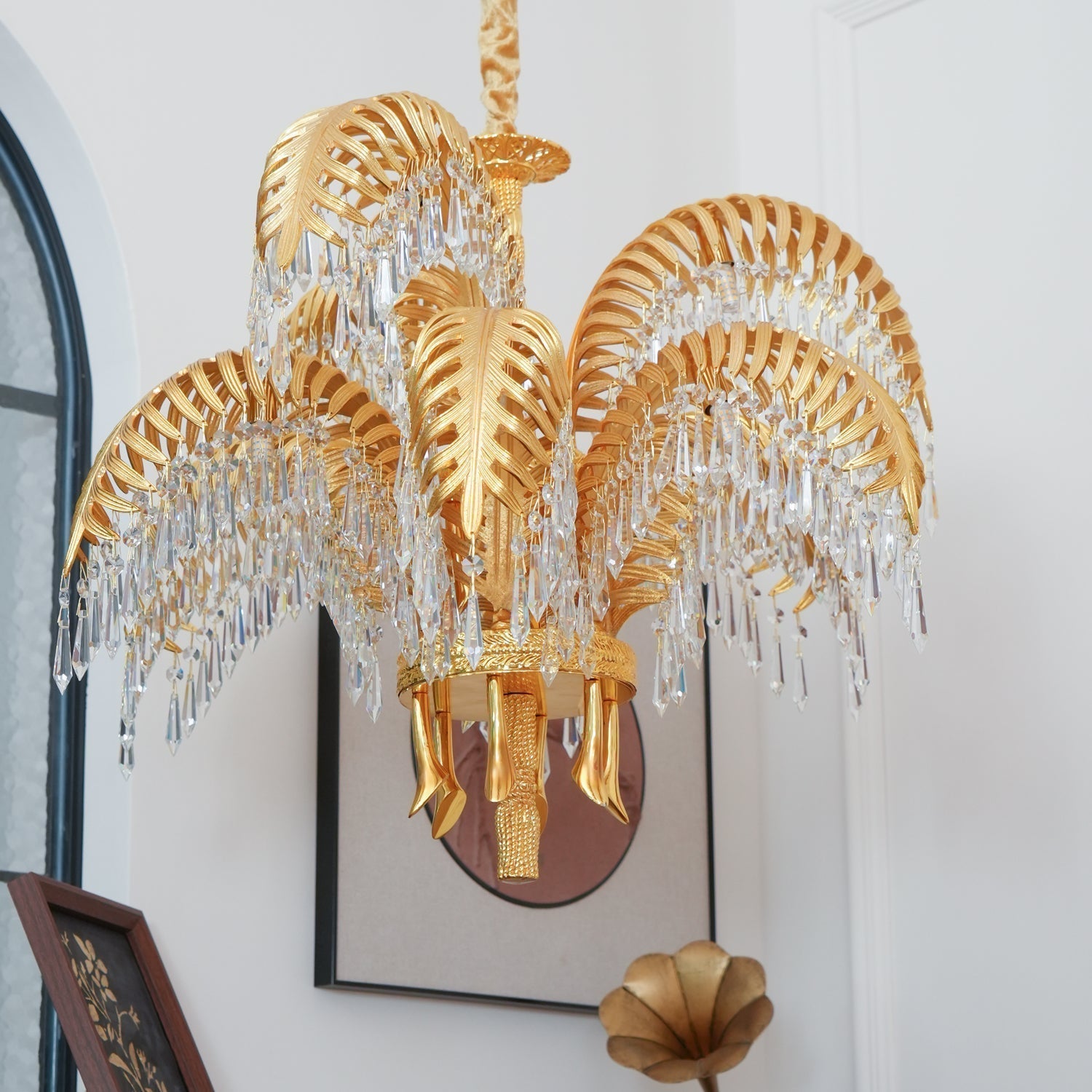Brass Palm Leaf Crystal Chandelier detail view 77