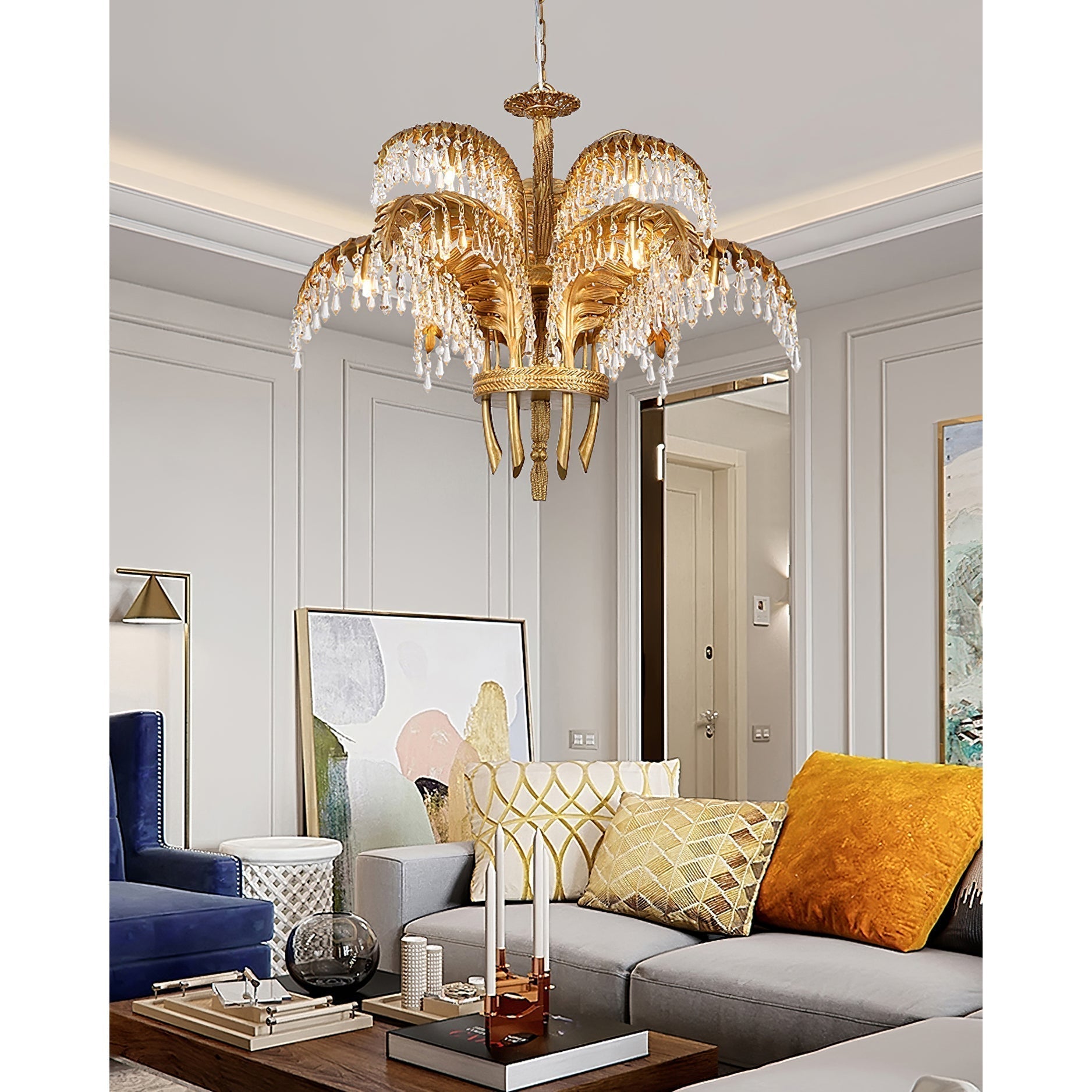 Brass Palm Leaf Crystal Chandelier detail view 58