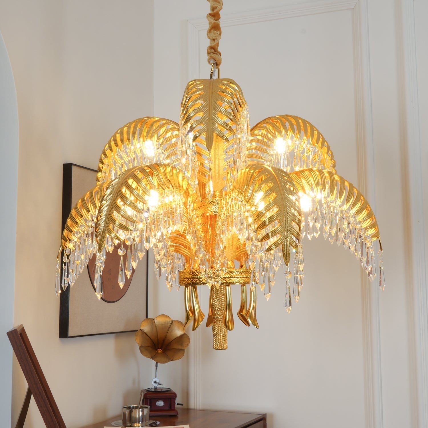 Brass Palm Leaf Crystal Chandelier detail view 3