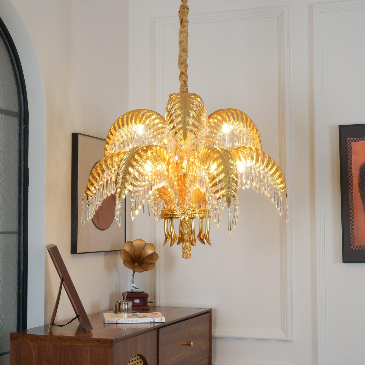 Brass Palm Leaf Crystal Chandelier 27.6