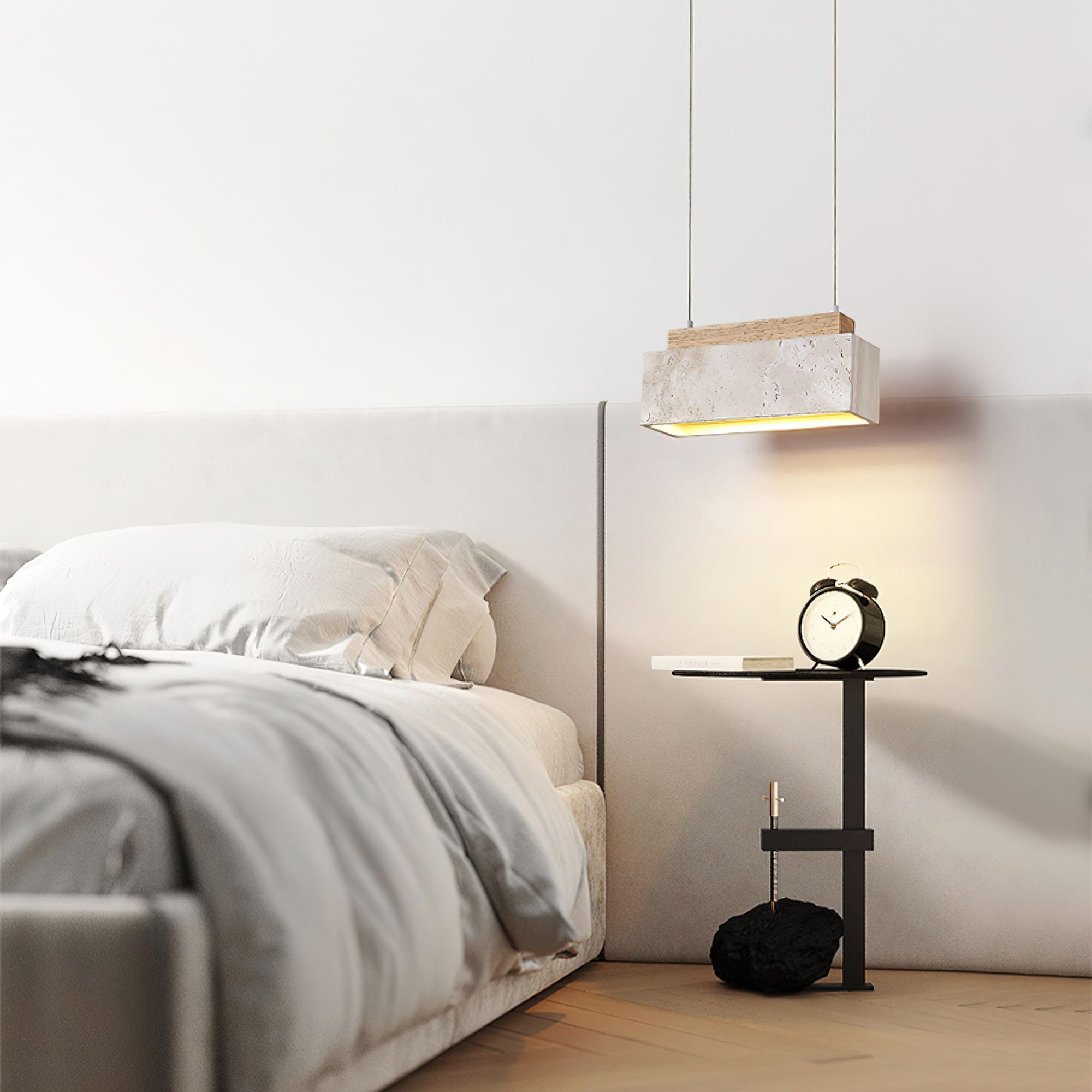 Side view of travertine pendant light for scale and shape reference