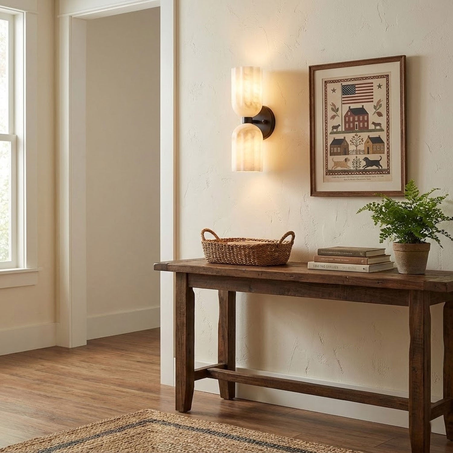 Dual Alabaster Ribbed Wall Light, Hardwired Wall Sconce, detail 5