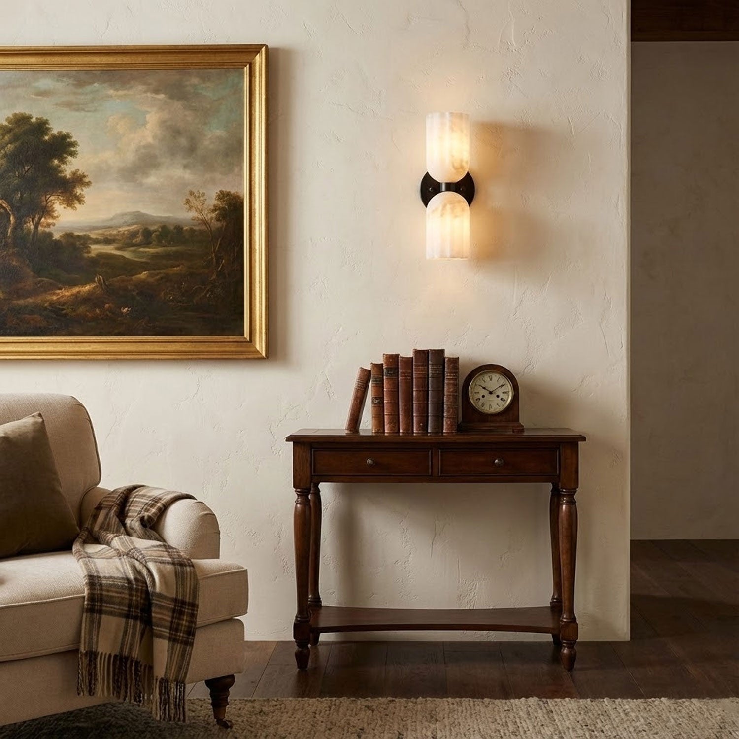 Dual Alabaster Ribbed Wall Light, Hardwired Wall Sconce, detail 6