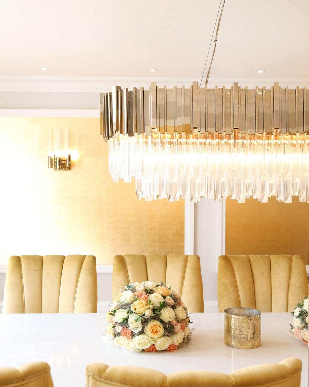 Side view of crystal chandelier for scale and shape reference