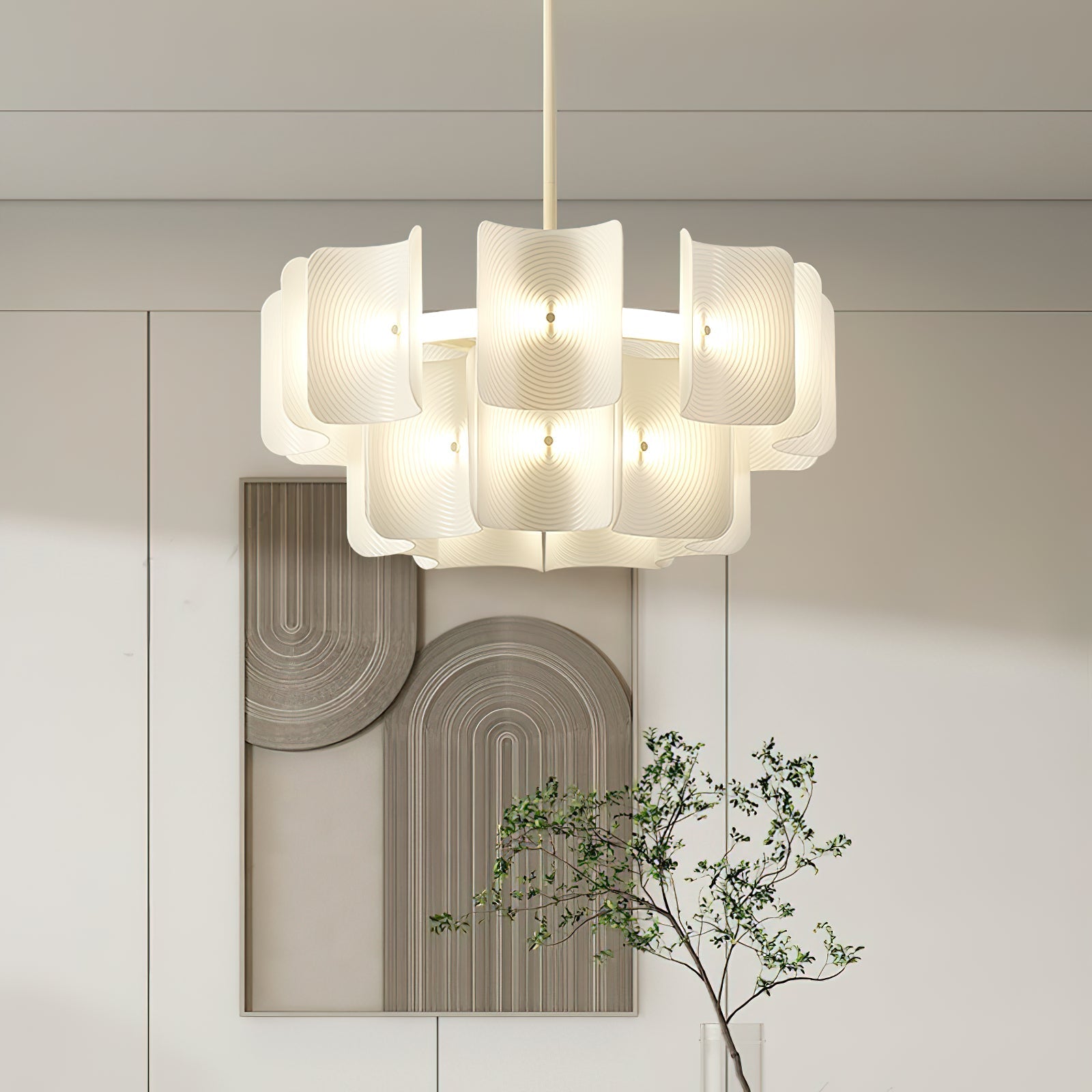 Side view of metal chandelier for scale and shape reference