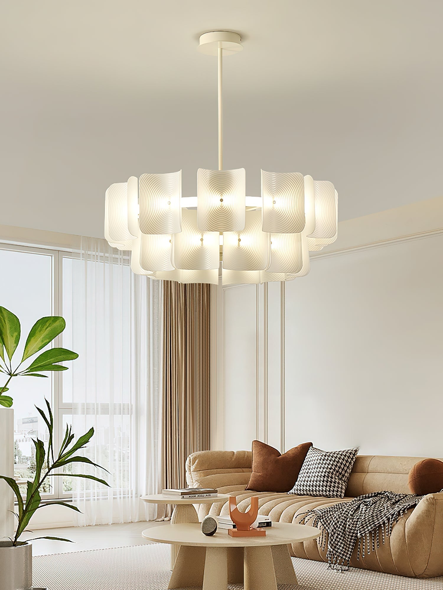 Side view of metal chandelier for scale and shape reference