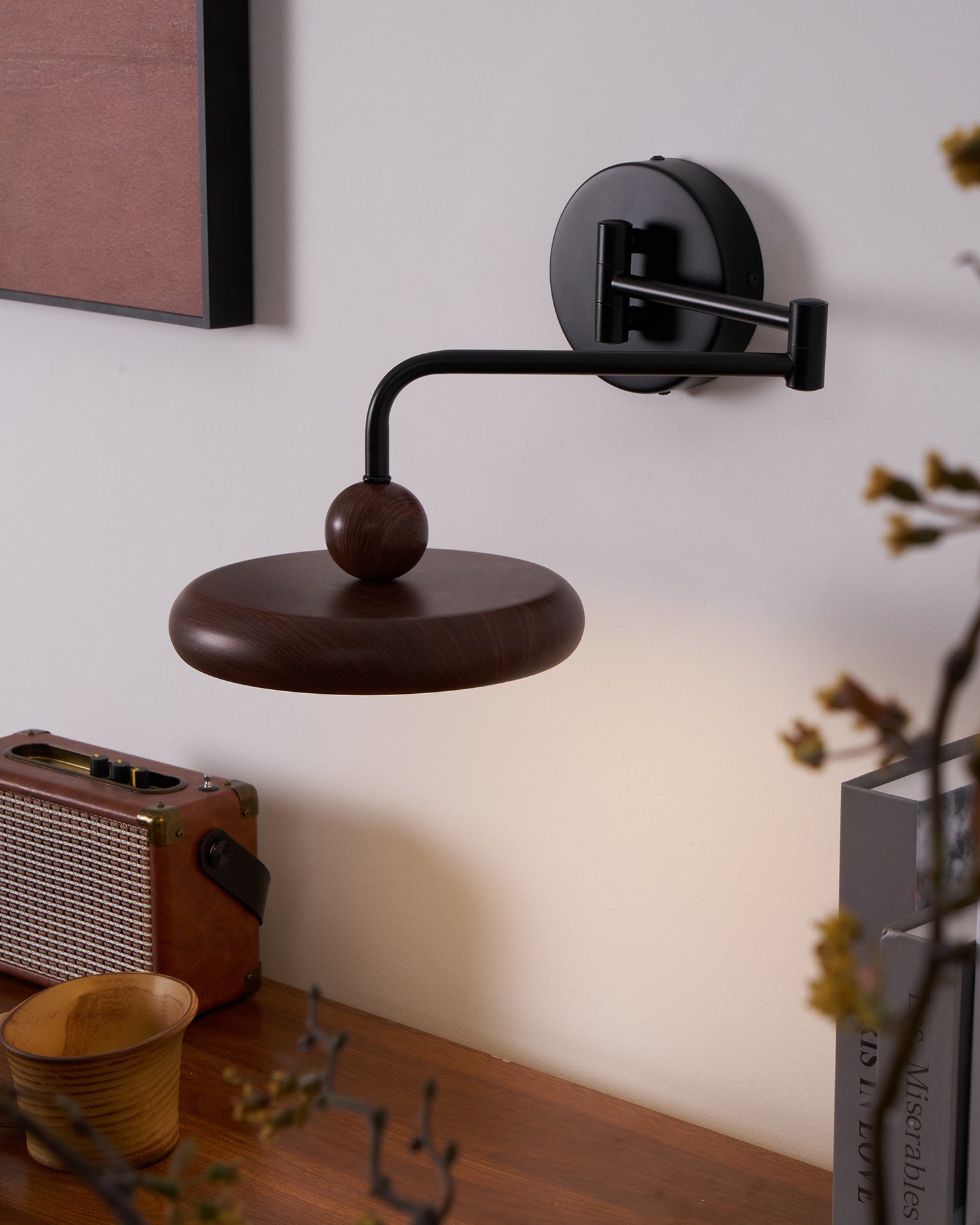 Side view of wood lighting fixture for scale and shape reference