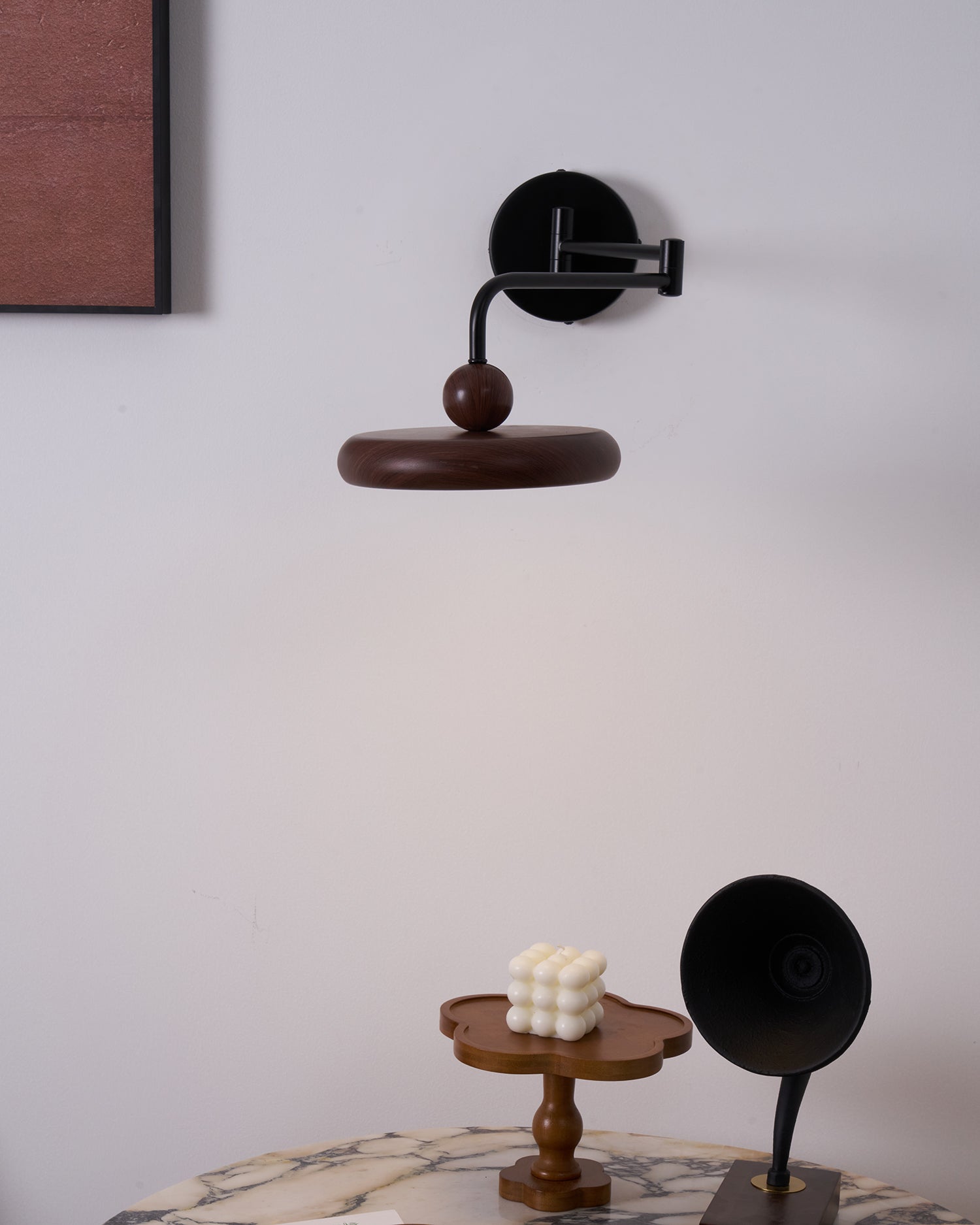 Side view of wood lighting fixture for scale and shape reference
