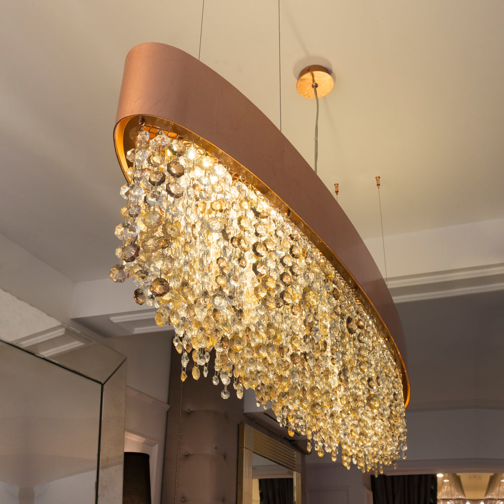 Long Oval Copper Leaf Contemporary Chandelier with Tone