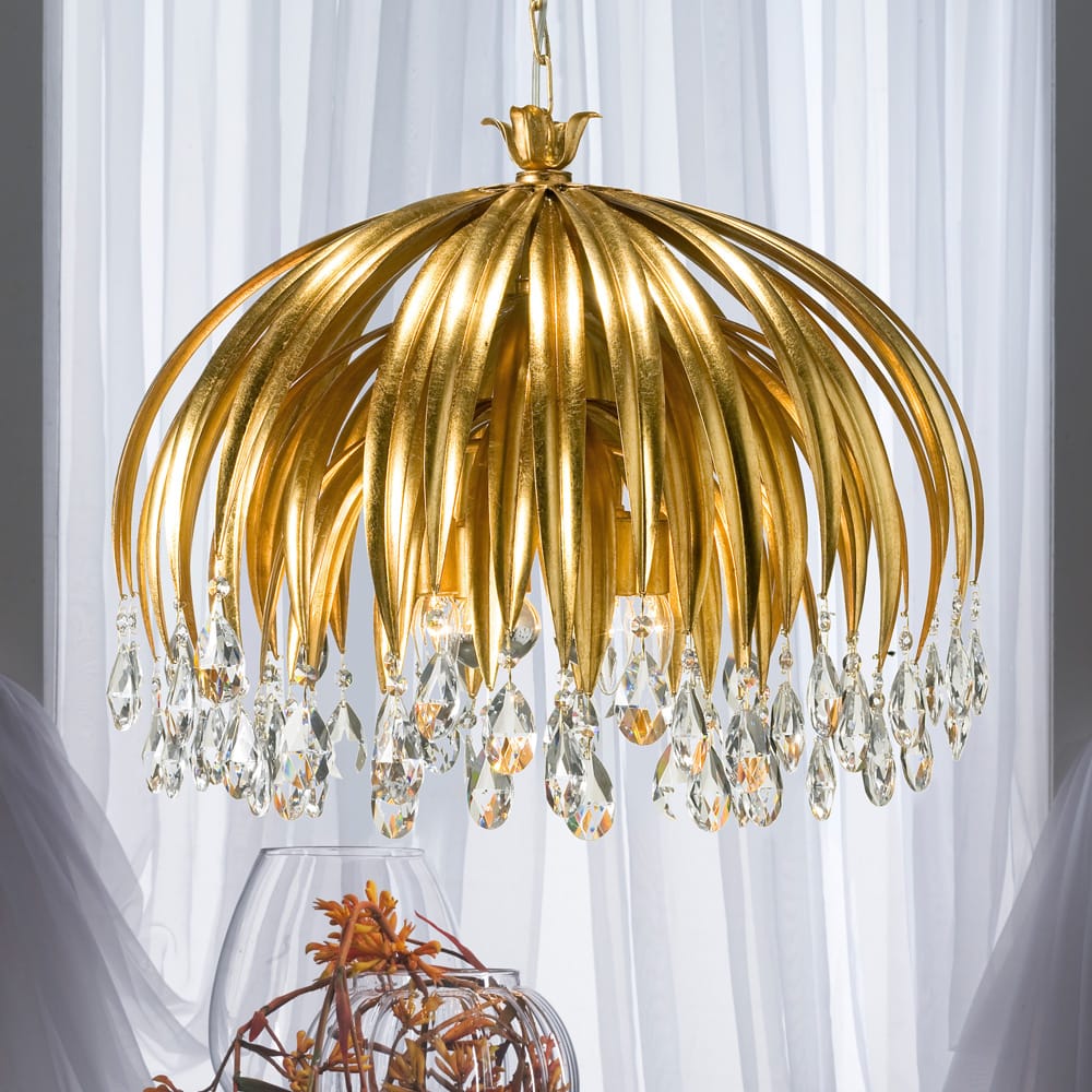 Luxury Gold Leaf Chandelier with Crystal Pendants