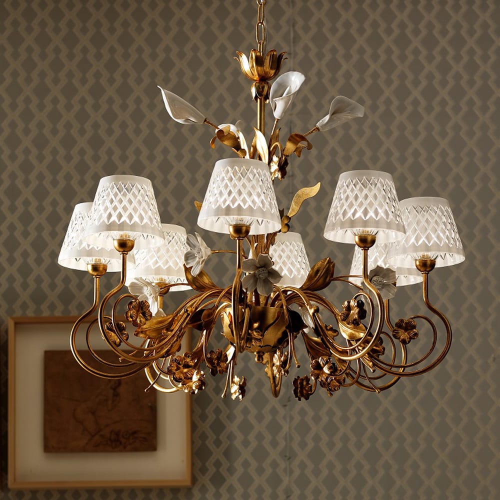Gold Leaf Italian Chandelier with Porcelain Flower