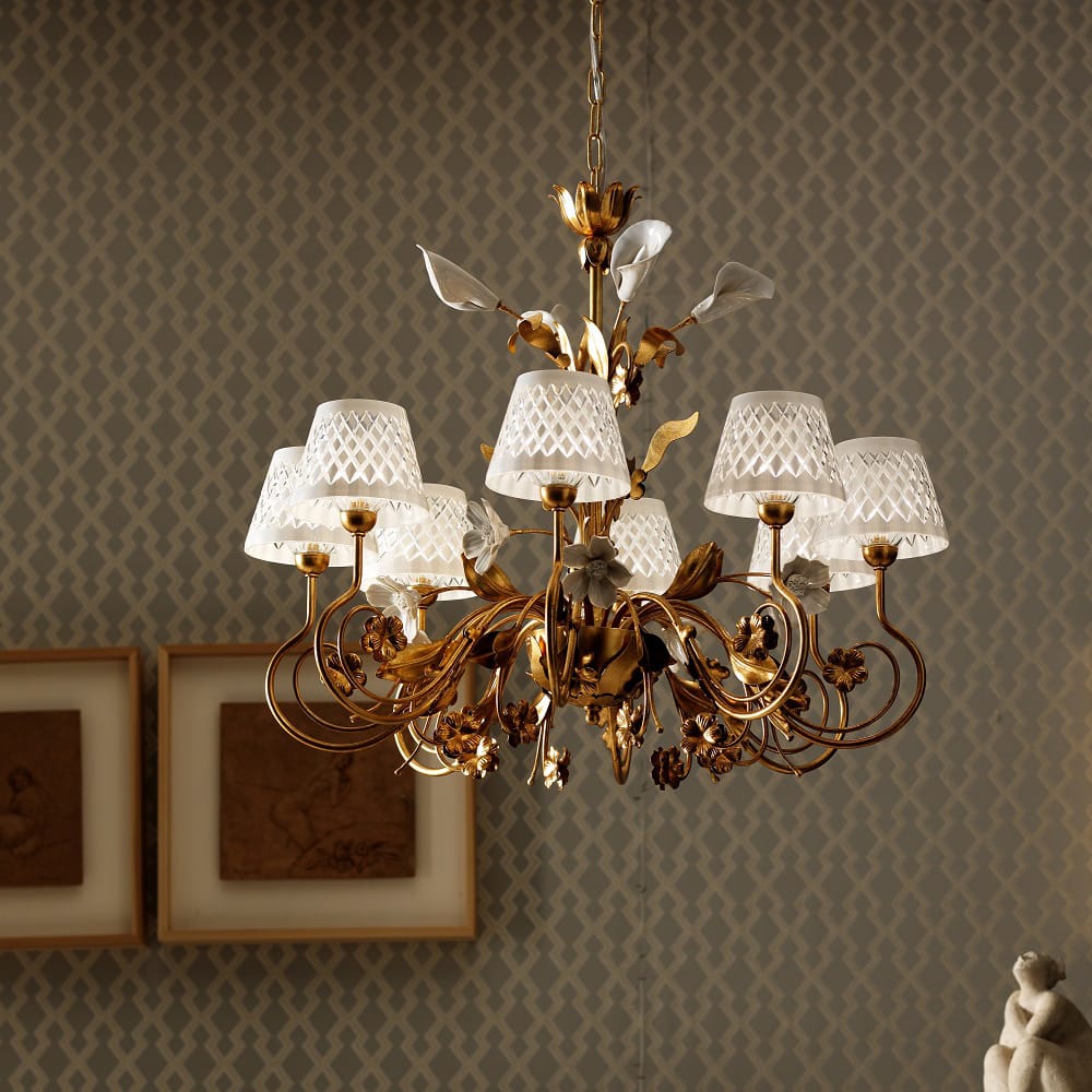 Gold Leaf Italian Chandelier with Porcelain Flower